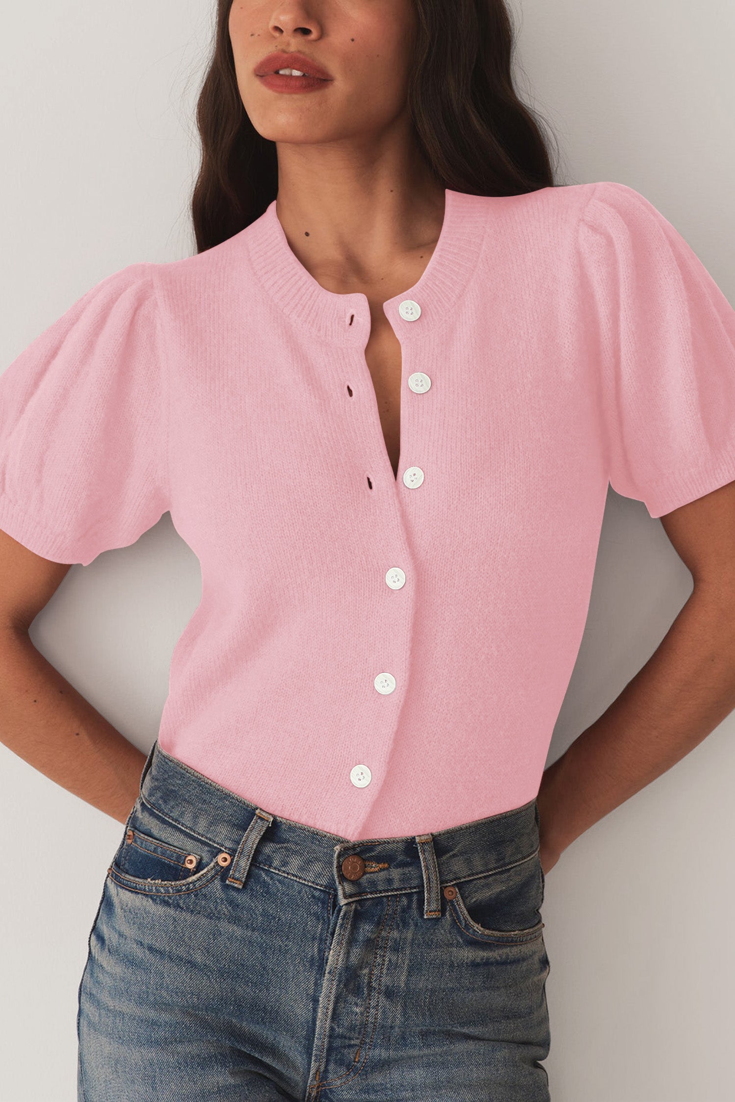 Cakulo Puff Short Sleeve Cardigan Sweaters Cropped Button up Lightweight Y2k Knit Summer Cardigans