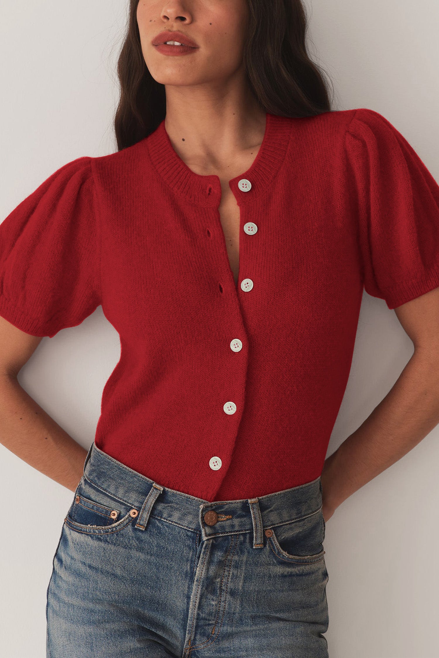 Cakulo Puff Short Sleeve Cardigan Sweaters Cropped Button up Lightweight Y2k Knit Summer Cardigans