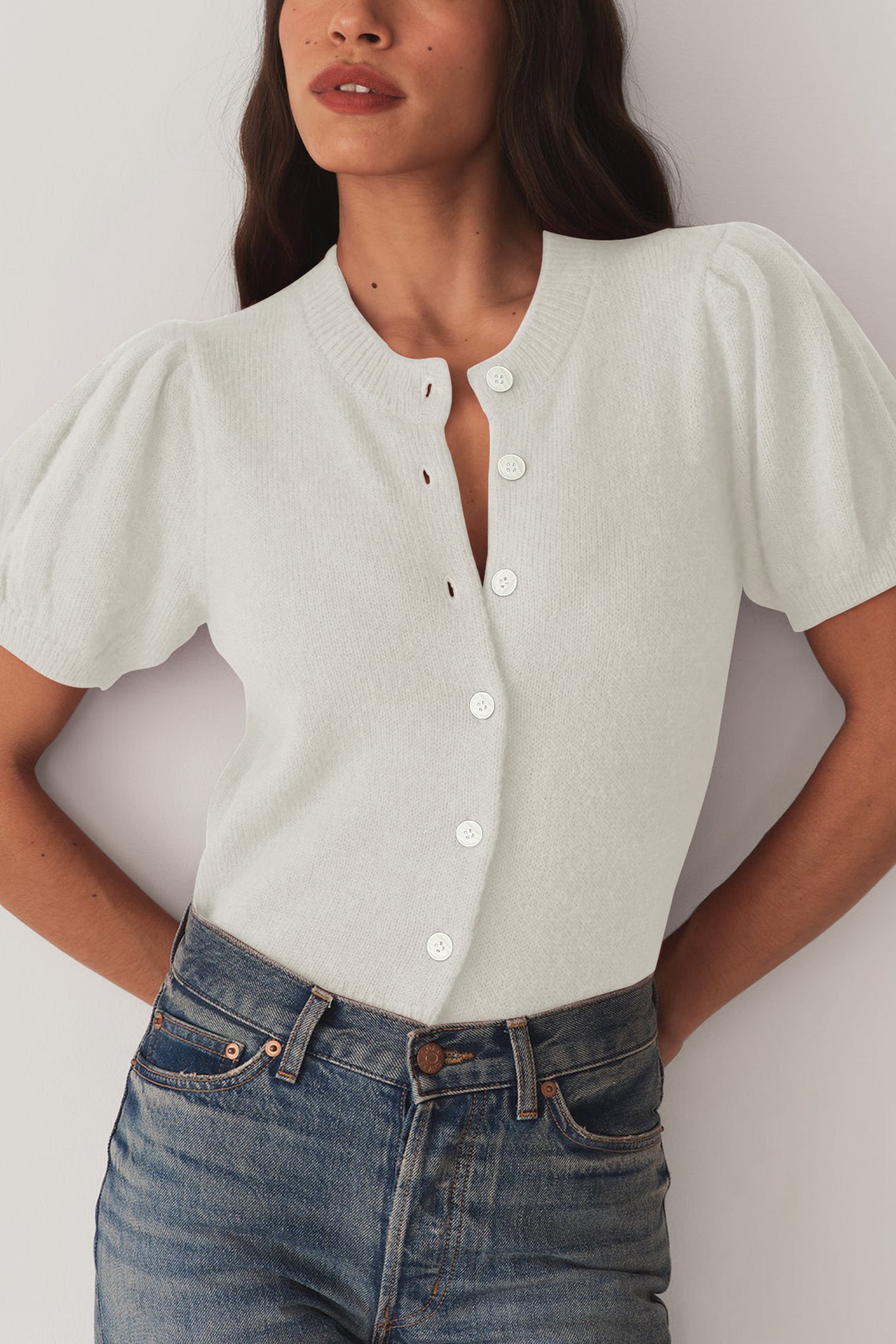 Cakulo Puff Short Sleeve Cardigan Sweaters Cropped Button up Lightweight Y2k Knit Summer Cardigans