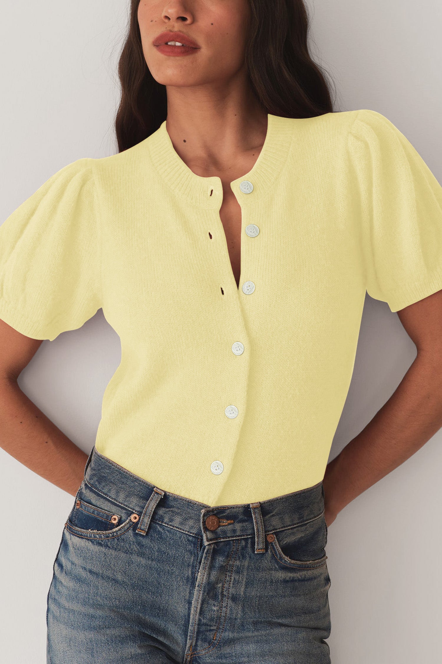 Cakulo Puff Short Sleeve Cardigan Sweaters Cropped Button up Lightweight Y2k Knit Summer Cardigans