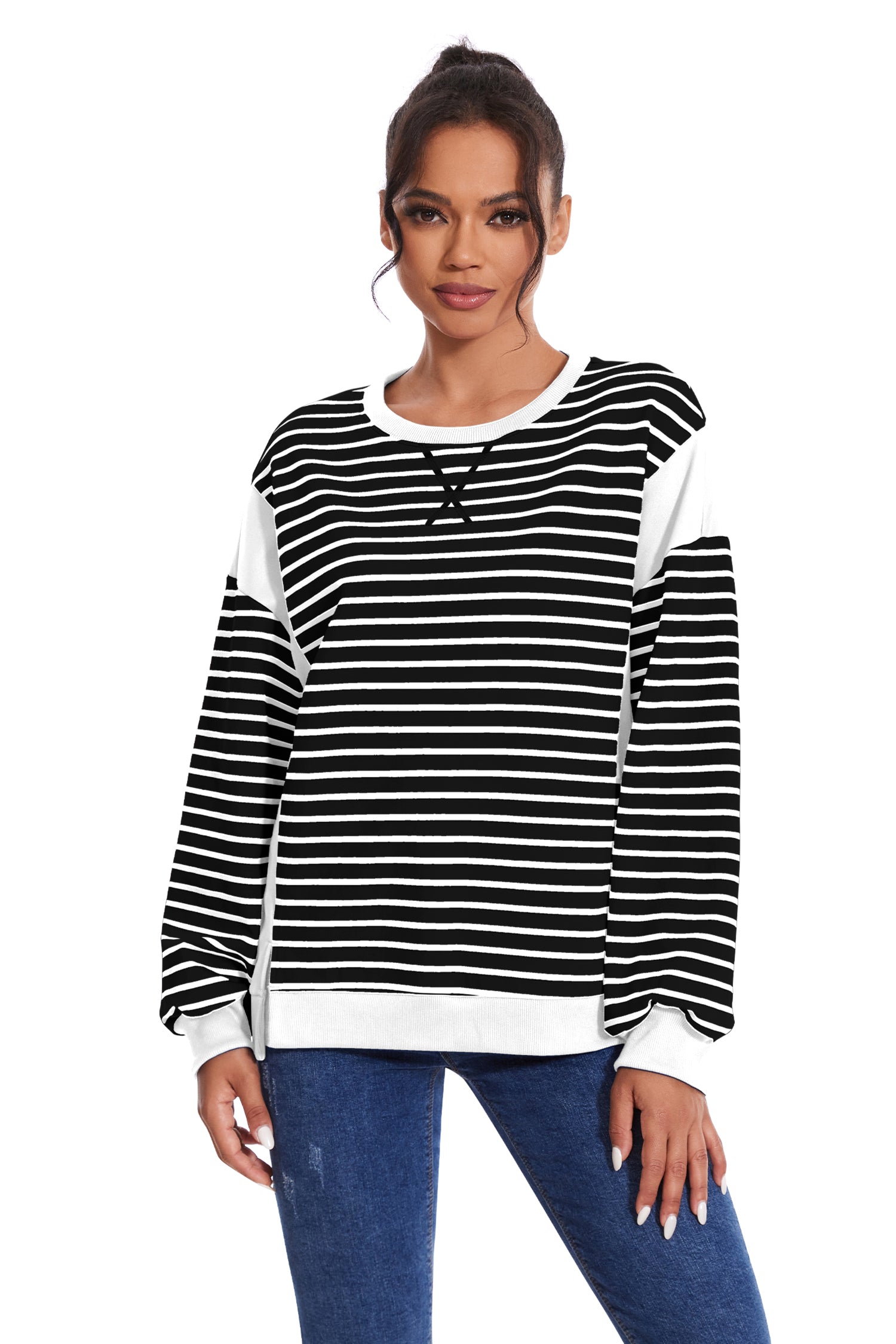 Cakulo Women's Striped Crewneck Sweatshirt with Split Hem