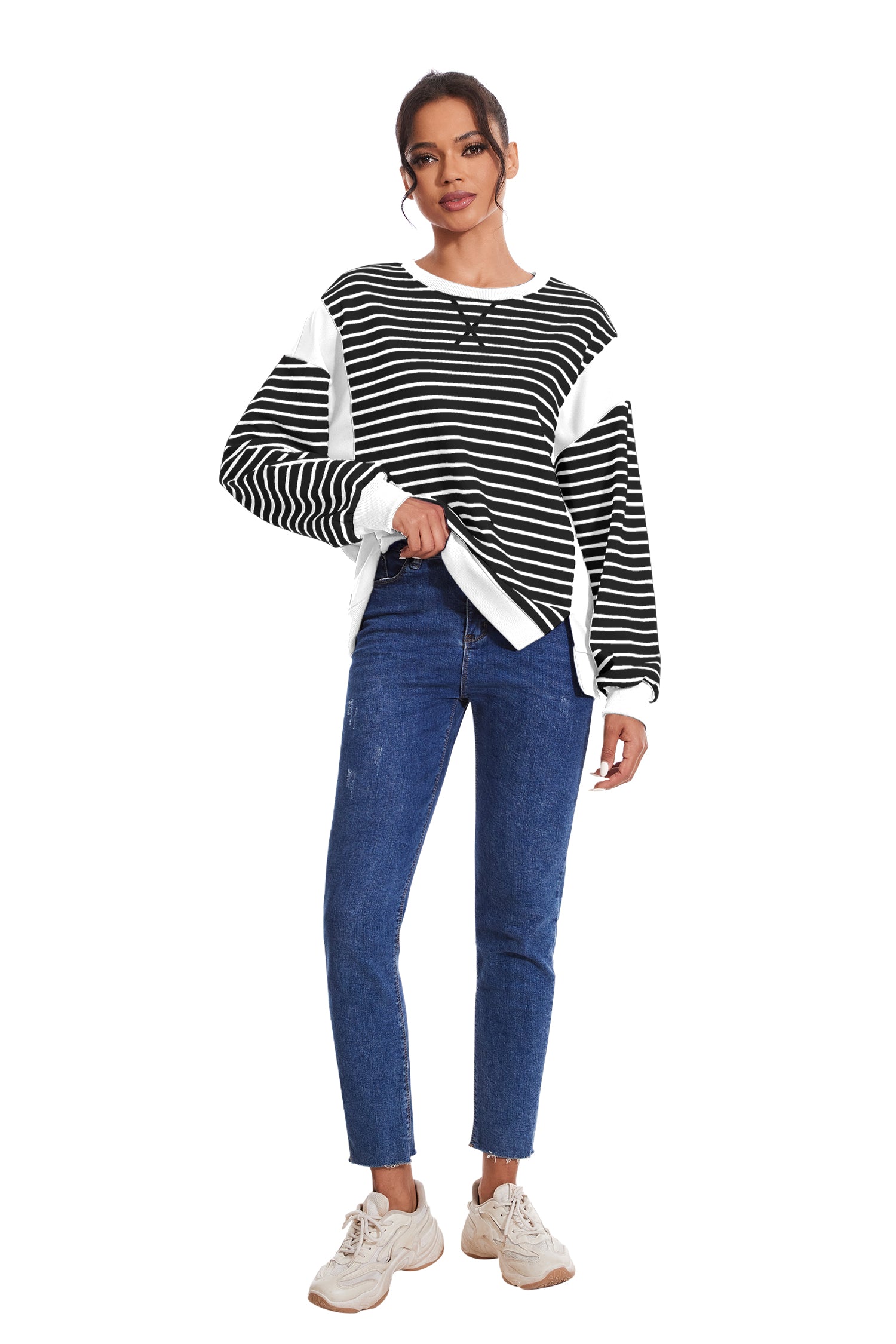 Cakulo Women's Striped Crewneck Sweatshirt with Split Hem