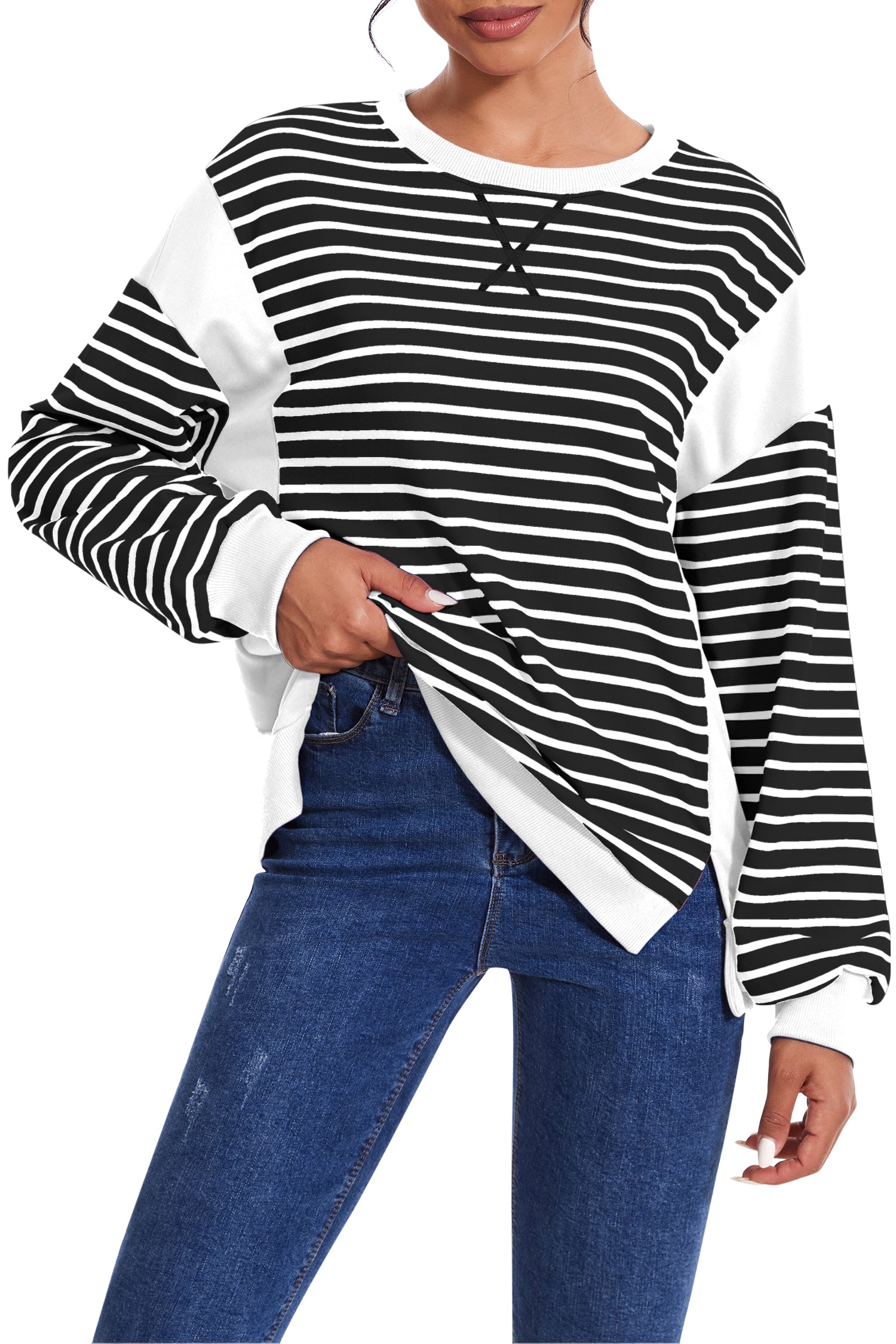 Cakulo Women's Striped Crewneck Sweatshirt with Split Hem