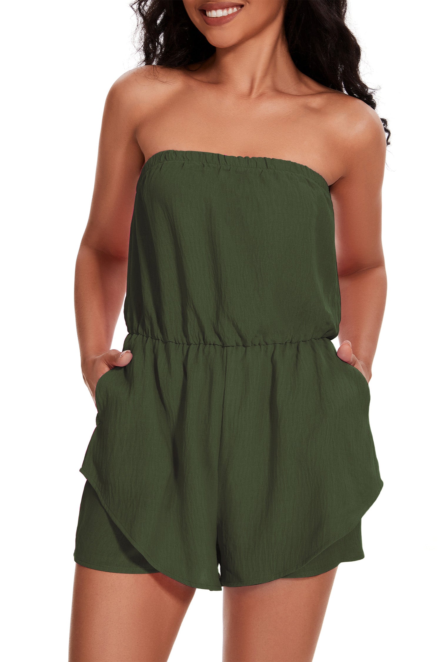 Cakulo Women Rompers Dressy Strapless Romper Ruffle Shorts Jumpsuit