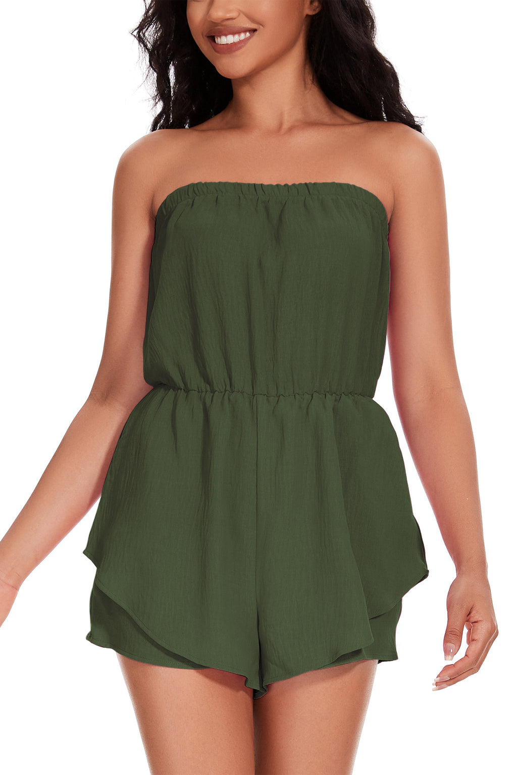 Cakulo Women Rompers Dressy Strapless Romper Ruffle Shorts Jumpsuit