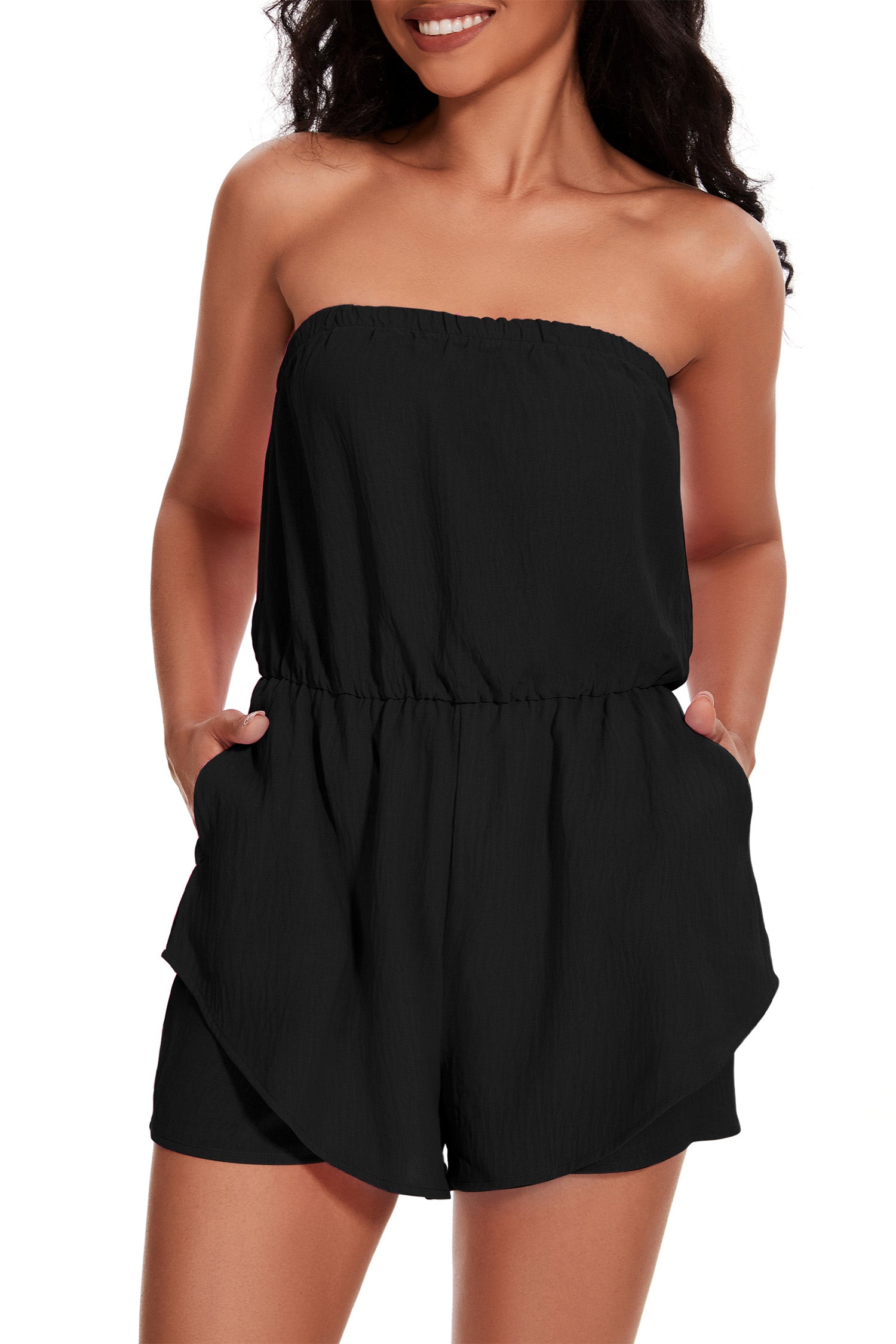 Cakulo Women Rompers Dressy Strapless Romper Ruffle Shorts Jumpsuit