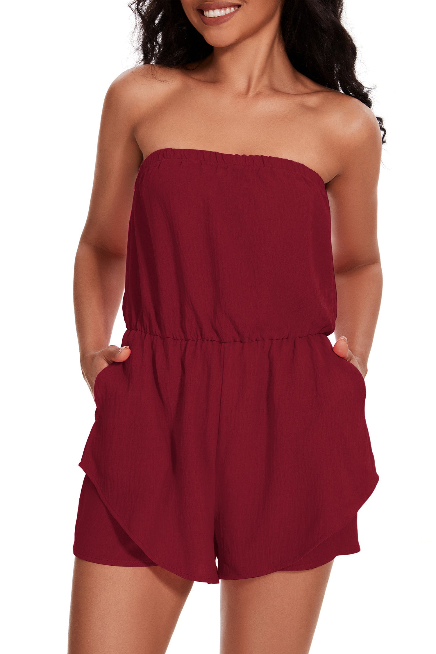 Cakulo Women Rompers Dressy Strapless Romper Ruffle Shorts Jumpsuit