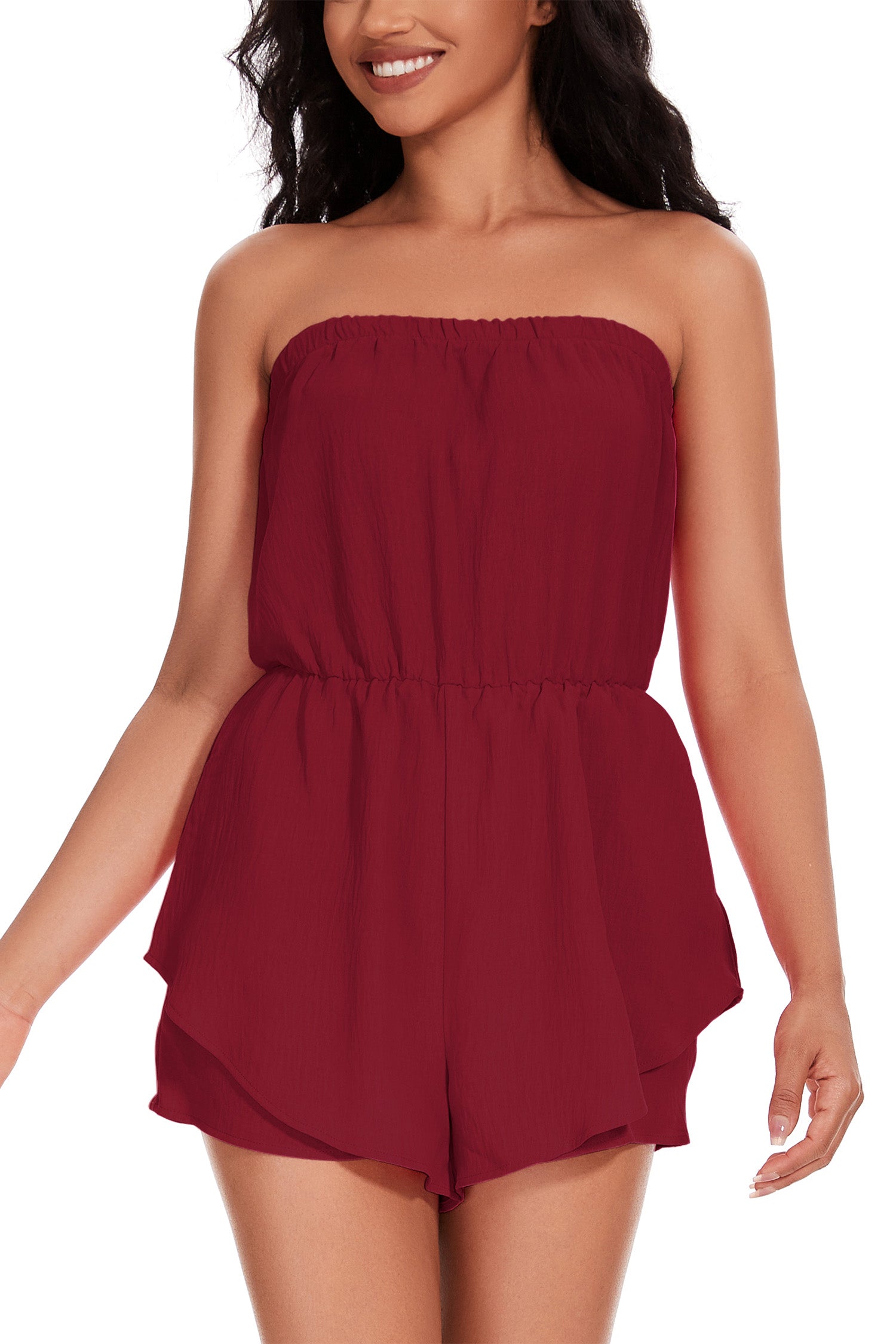 Cakulo Women Rompers Dressy Strapless Romper Ruffle Shorts Jumpsuit