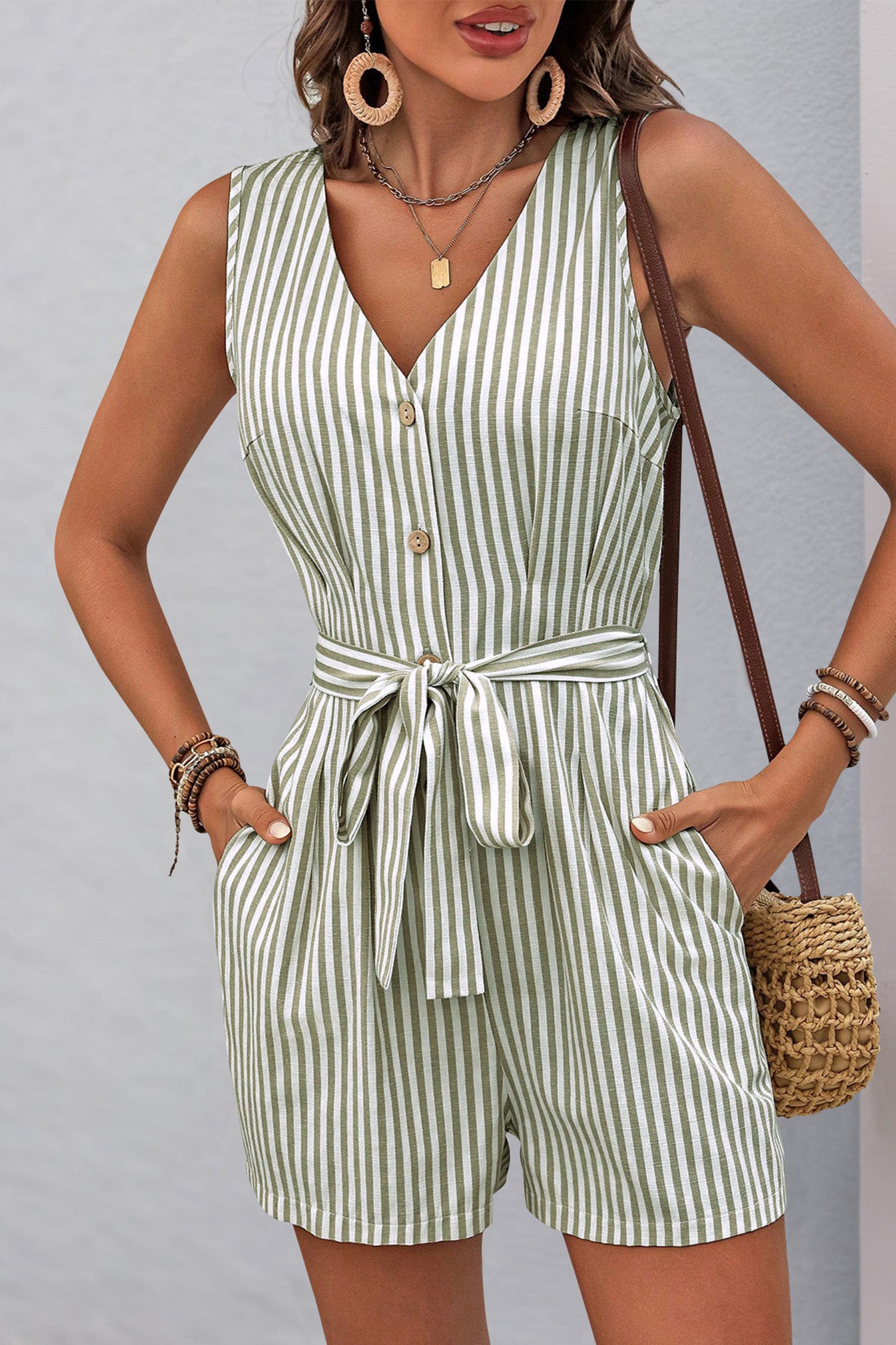 Cakulo Womens Summer Romper V Neck Button Down Sleeveless Short Jumpsuits Sexy Overalls with Pockets