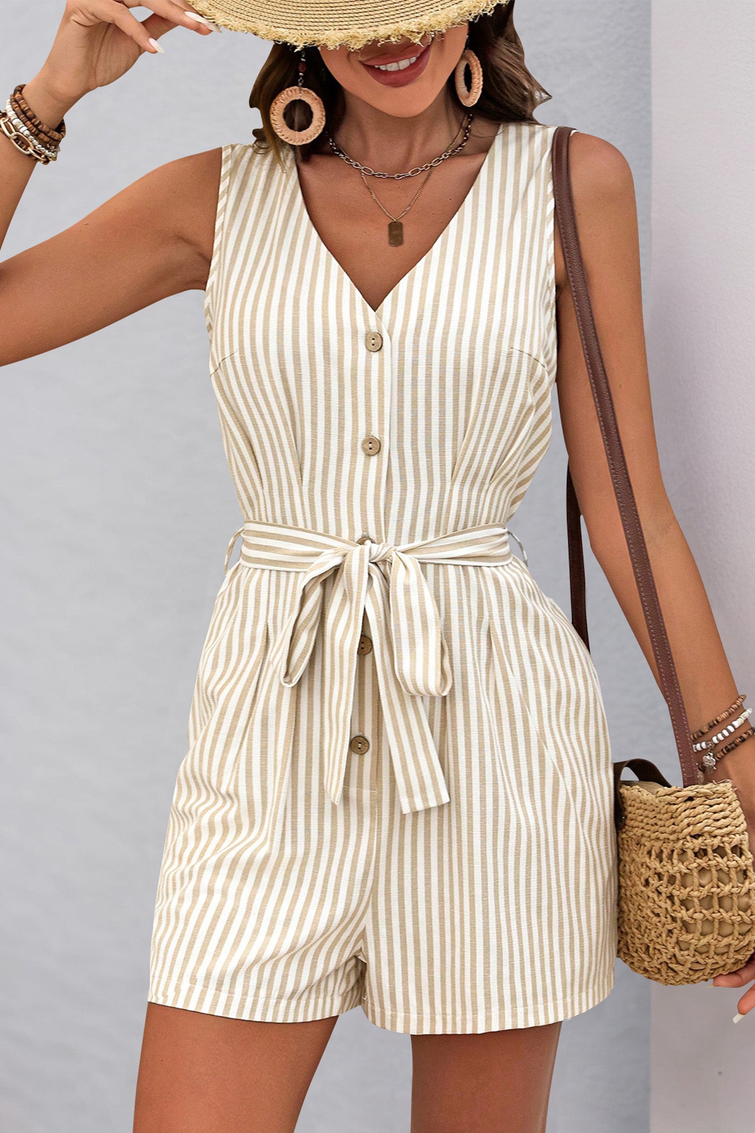 Cakulo Womens Summer Romper V Neck Button Down Sleeveless Short Jumpsuits Sexy Overalls with Pockets