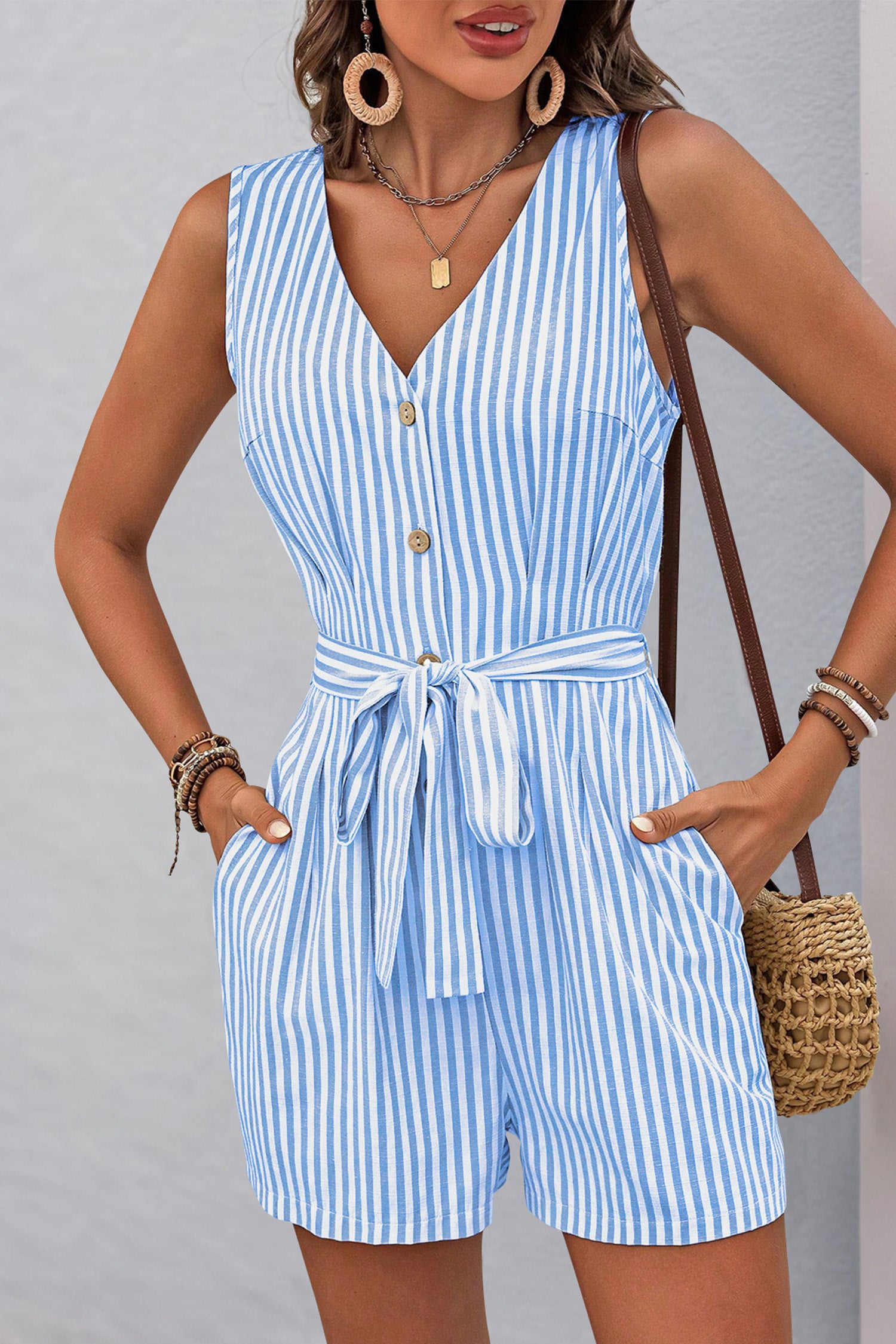 Cakulo Womens Summer Romper V Neck Button Down Sleeveless Short Jumpsuits Sexy Overalls with Pockets