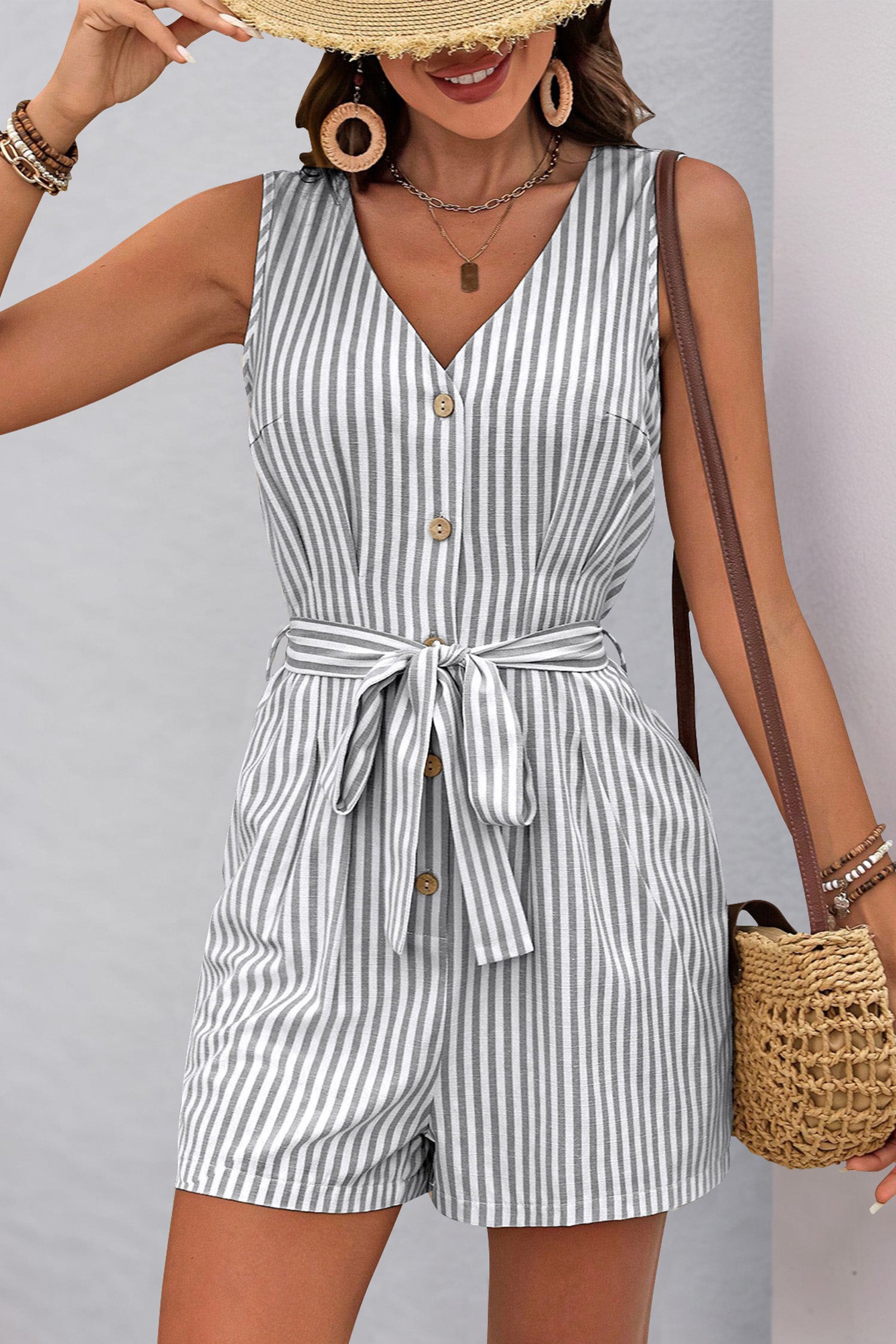 Cakulo Womens Summer Romper V Neck Button Down Sleeveless Short Jumpsuits Sexy Overalls with Pockets