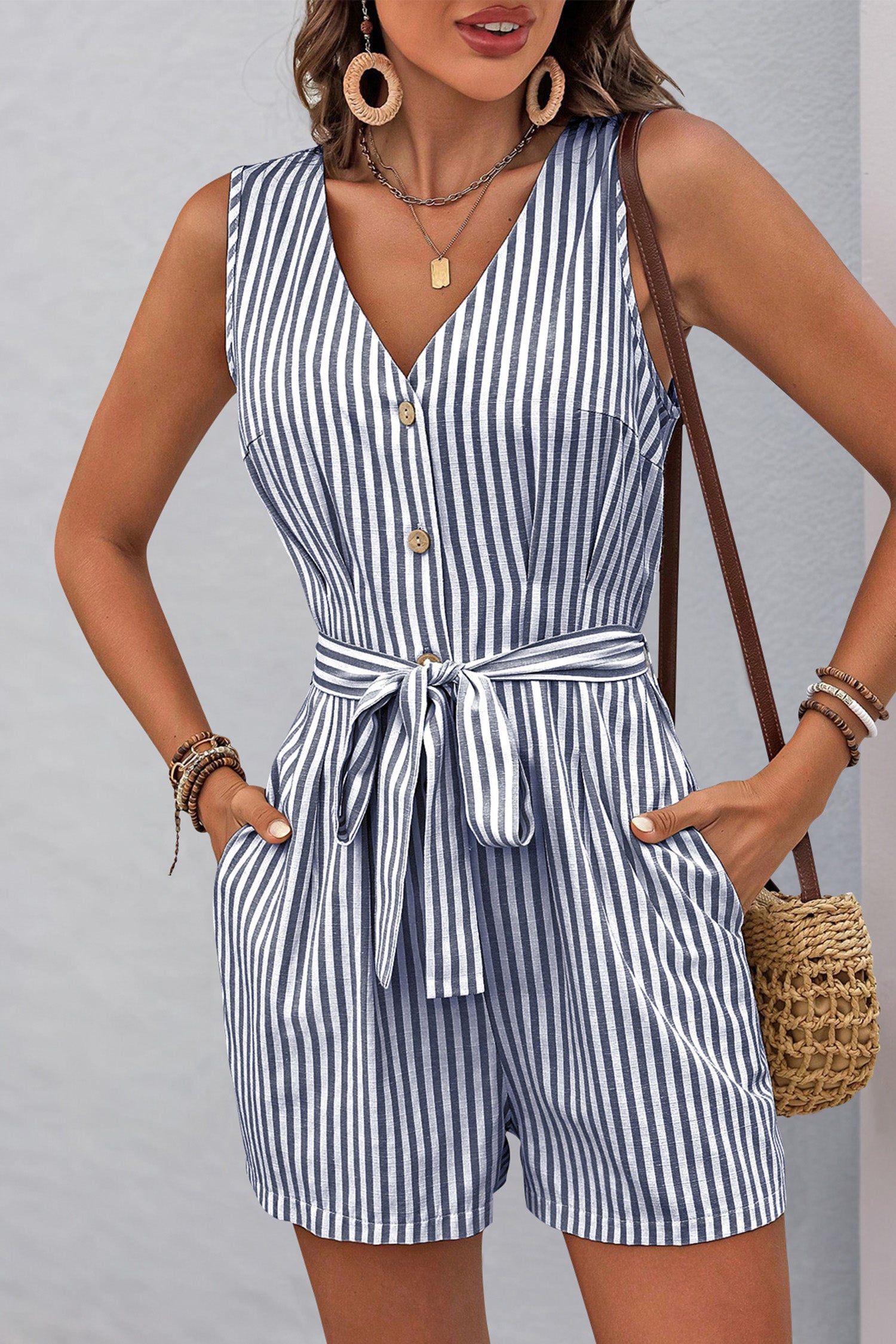 Cakulo Womens Summer Romper V Neck Button Down Sleeveless Short Jumpsuits Sexy Overalls with Pockets