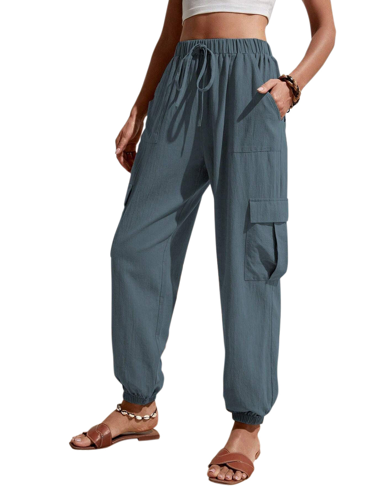 Cakulo Women's High-Waisted Wide-Leg Tapered Pants with Pockets