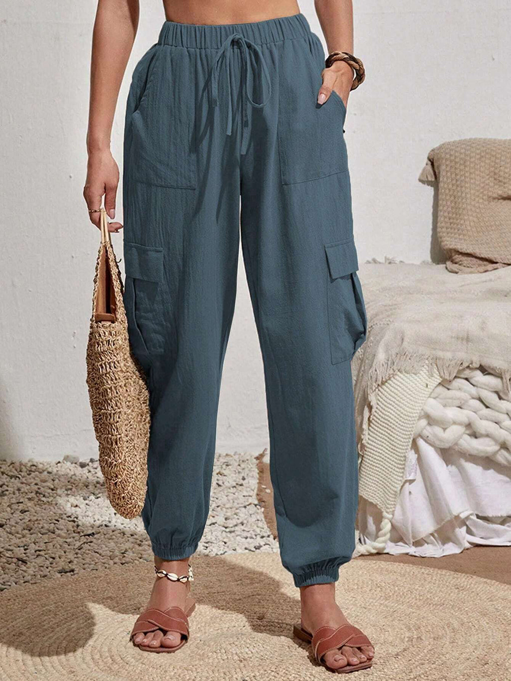 Cakulo Women's High-Waisted Wide-Leg Tapered Pants with Pockets