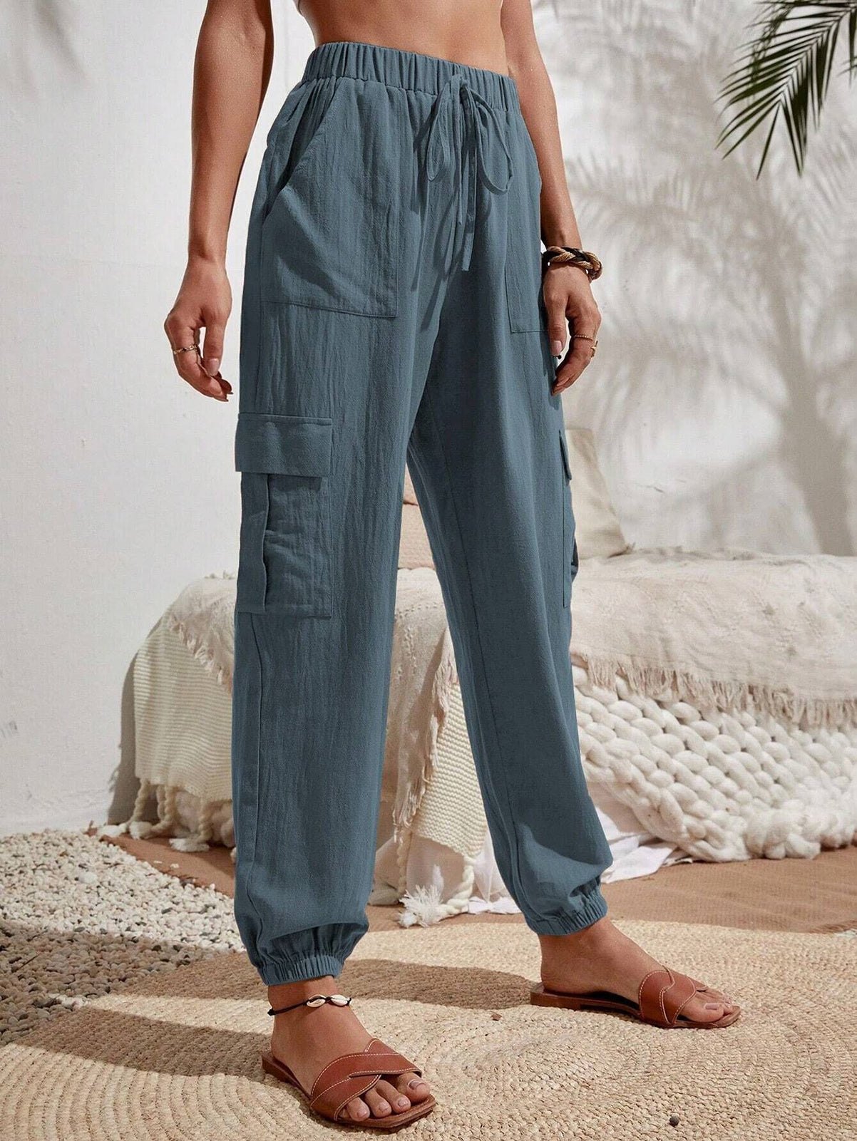 Cakulo Women's High-Waisted Wide-Leg Tapered Pants with Pockets