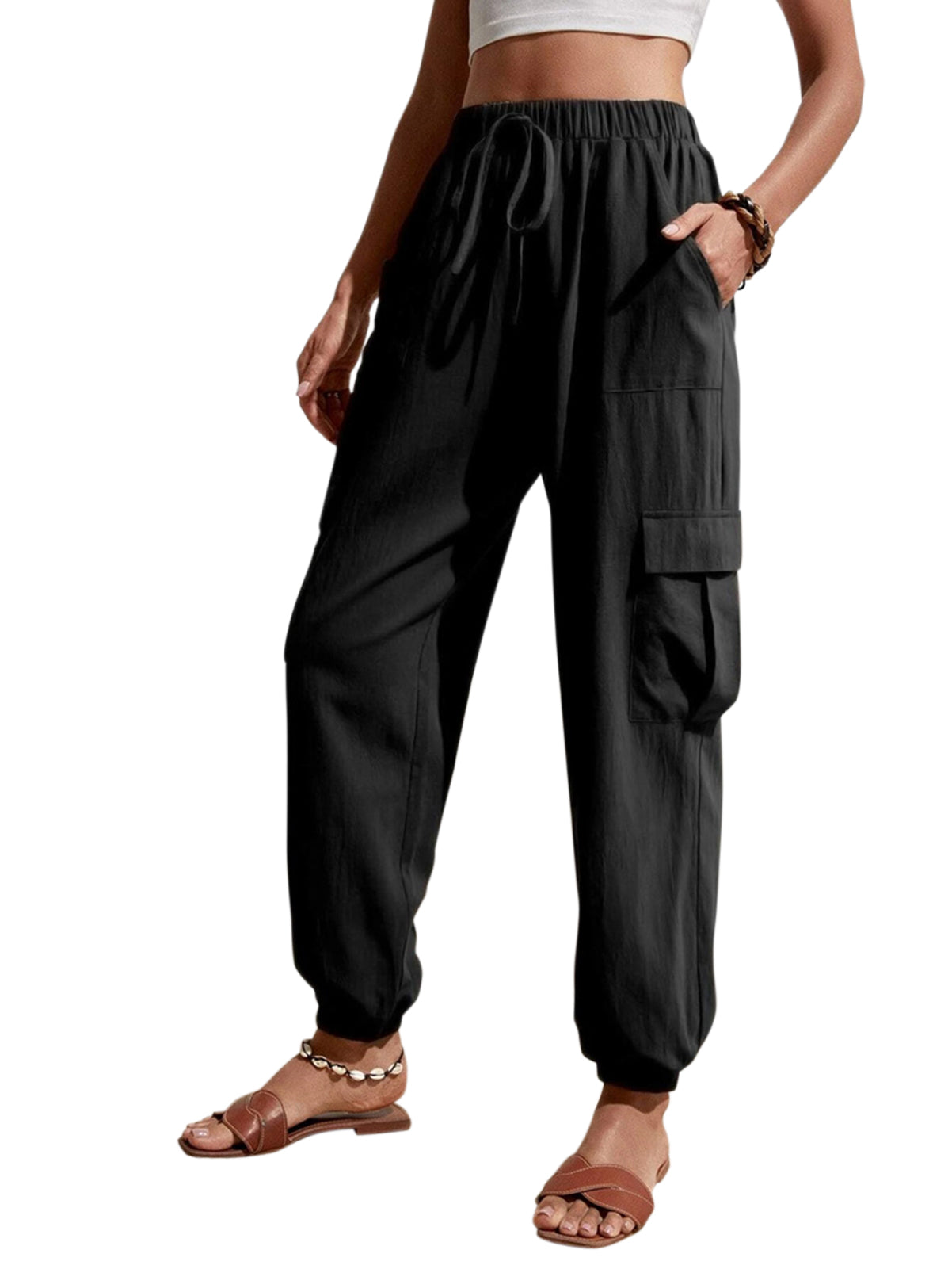 Cakulo Women's High-Waisted Wide-Leg Tapered Pants with Pockets