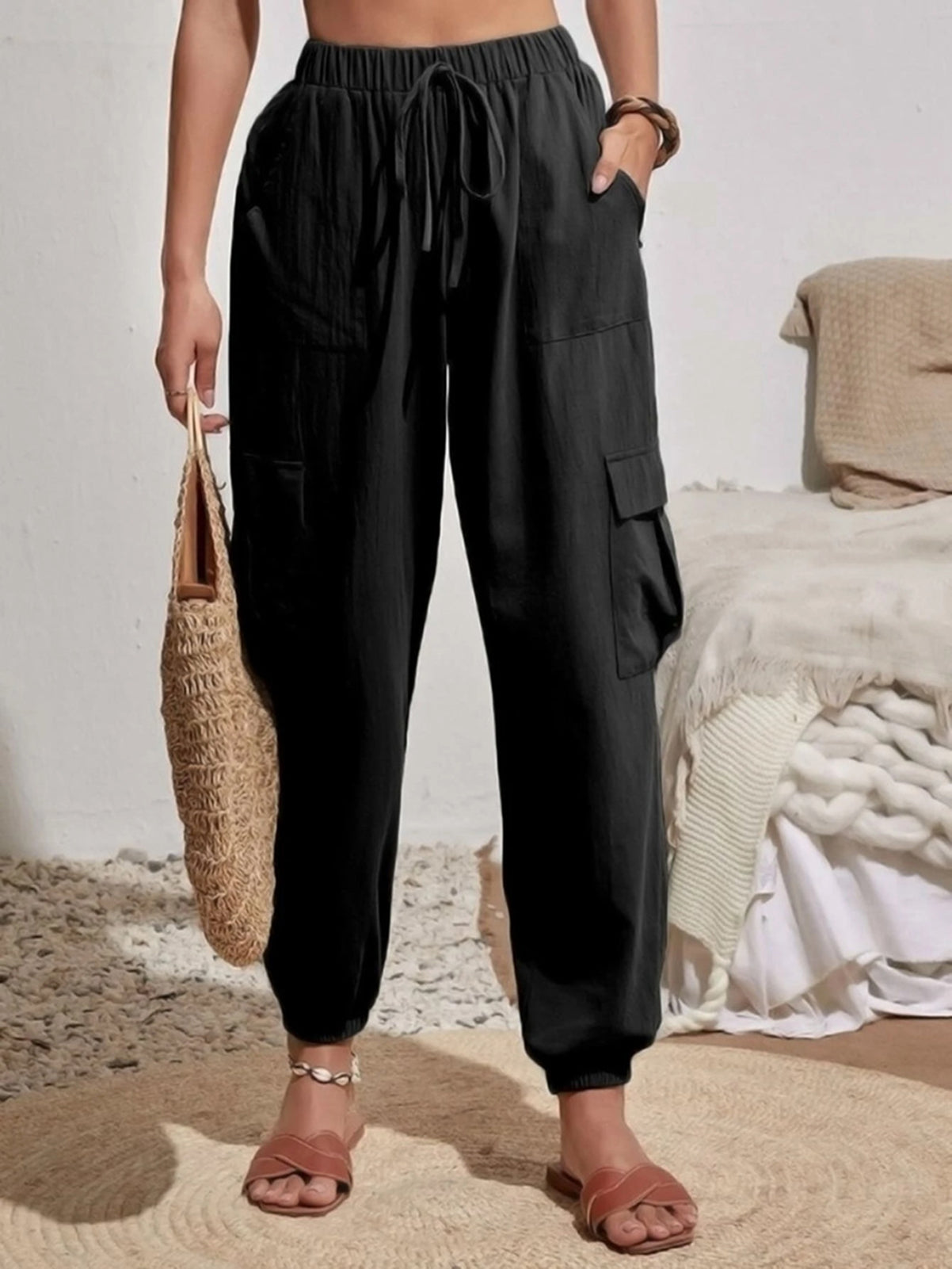 Cakulo Women's High-Waisted Wide-Leg Tapered Pants with Pockets