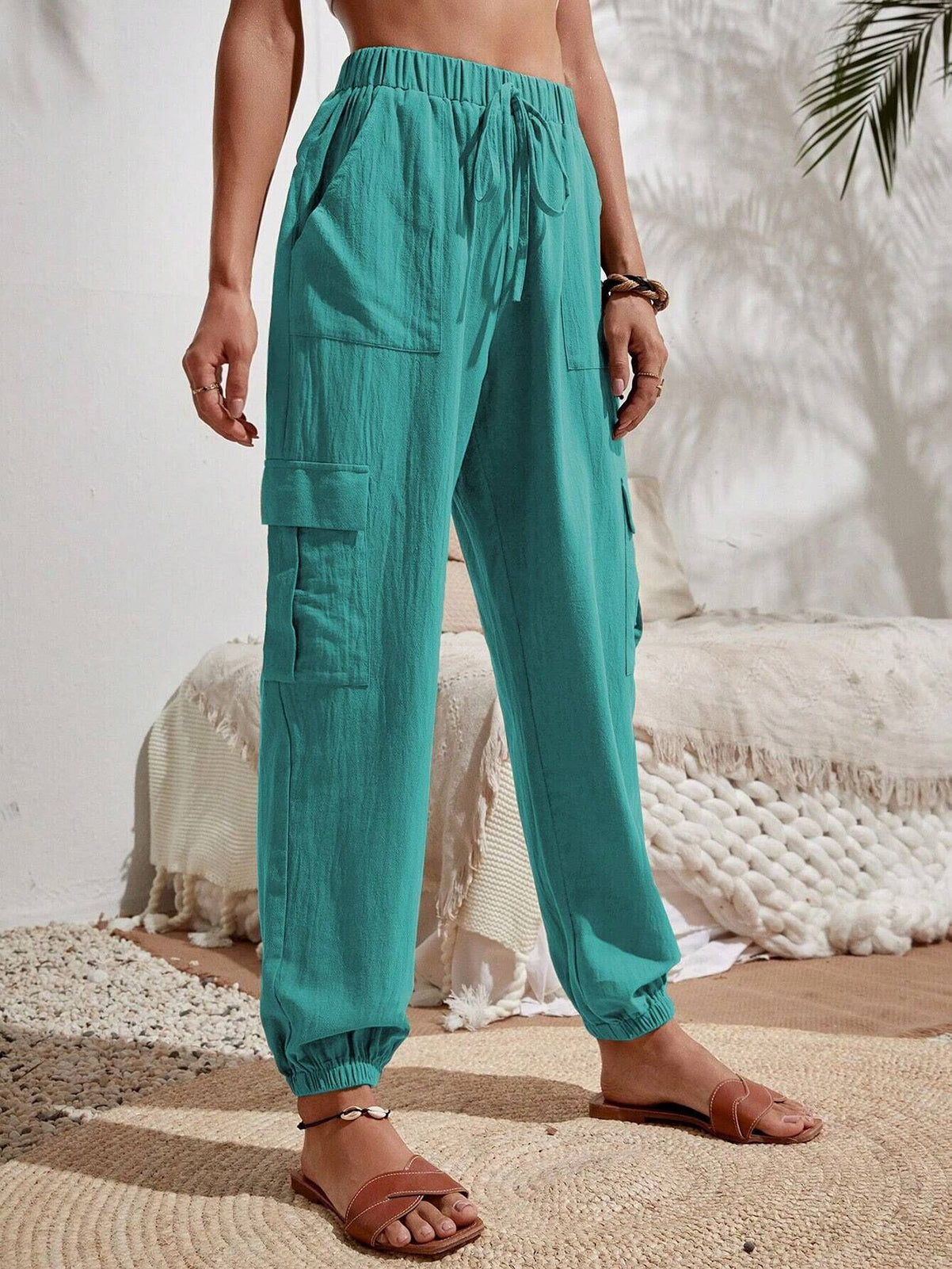 Cakulo Women's High-Waisted Wide-Leg Tapered Pants with Pockets