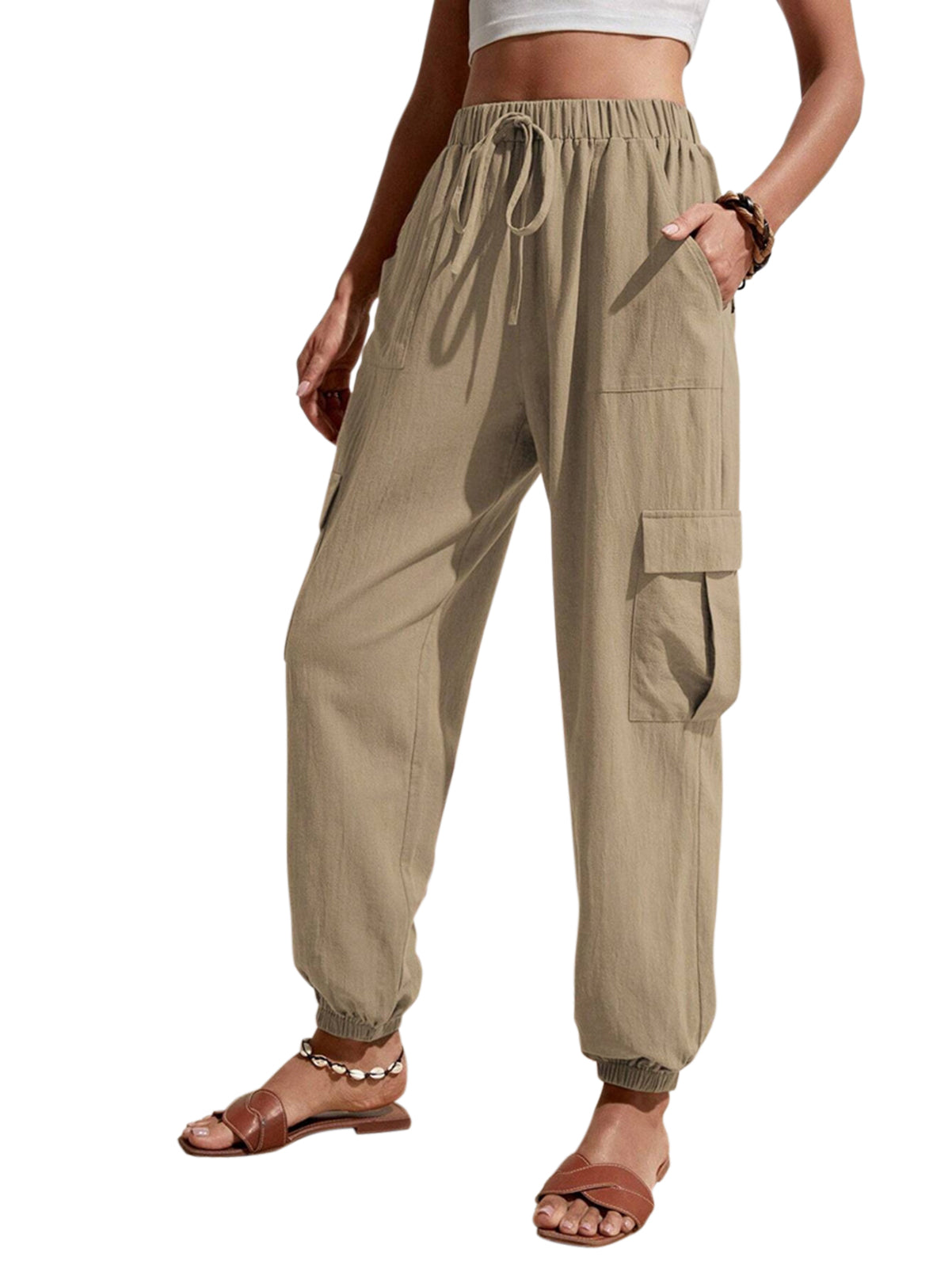 Cakulo Women's High-Waisted Wide-Leg Tapered Pants with Pockets