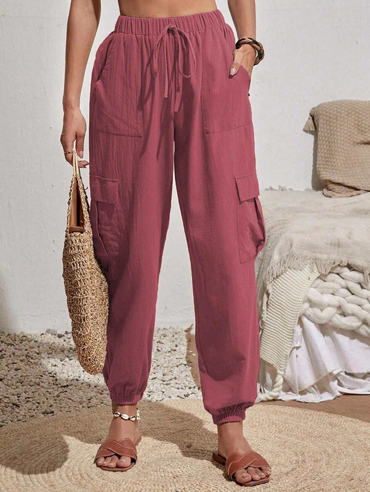 Cakulo Women's High-Waisted Wide-Leg Tapered Pants with Pockets