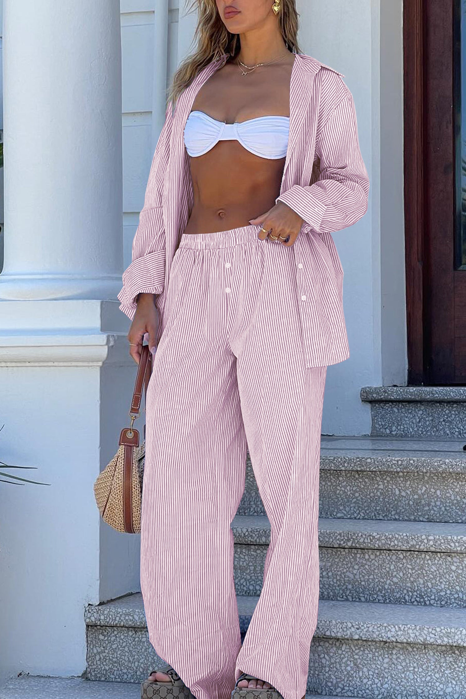 Cakulo Women's Casual Striped Wide-Leg Lounge Pants