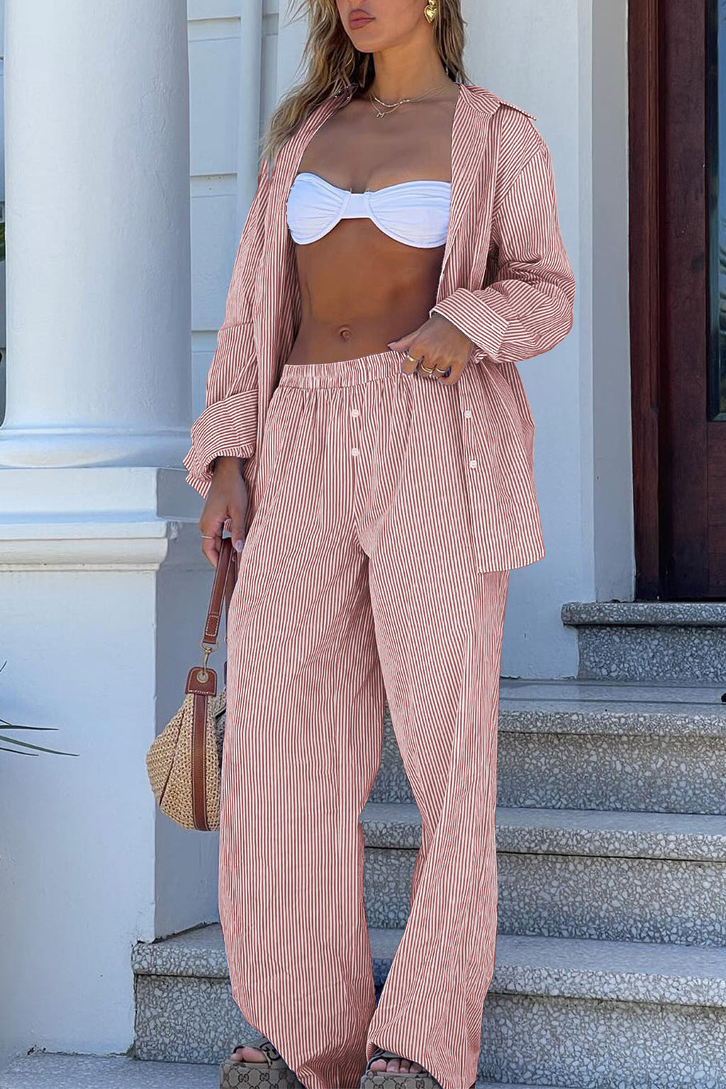 Cakulo Women's Casual Striped Wide-Leg Lounge Pants
