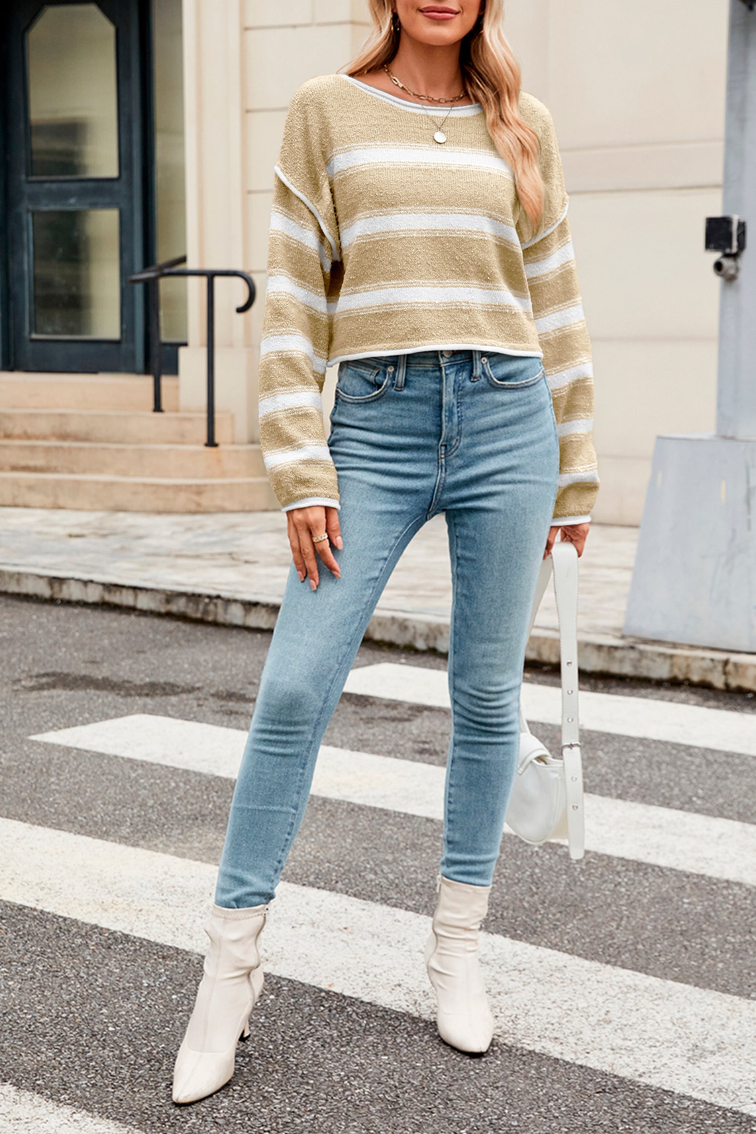 Cakulo Women's Oversized Striped Cropped Sweater