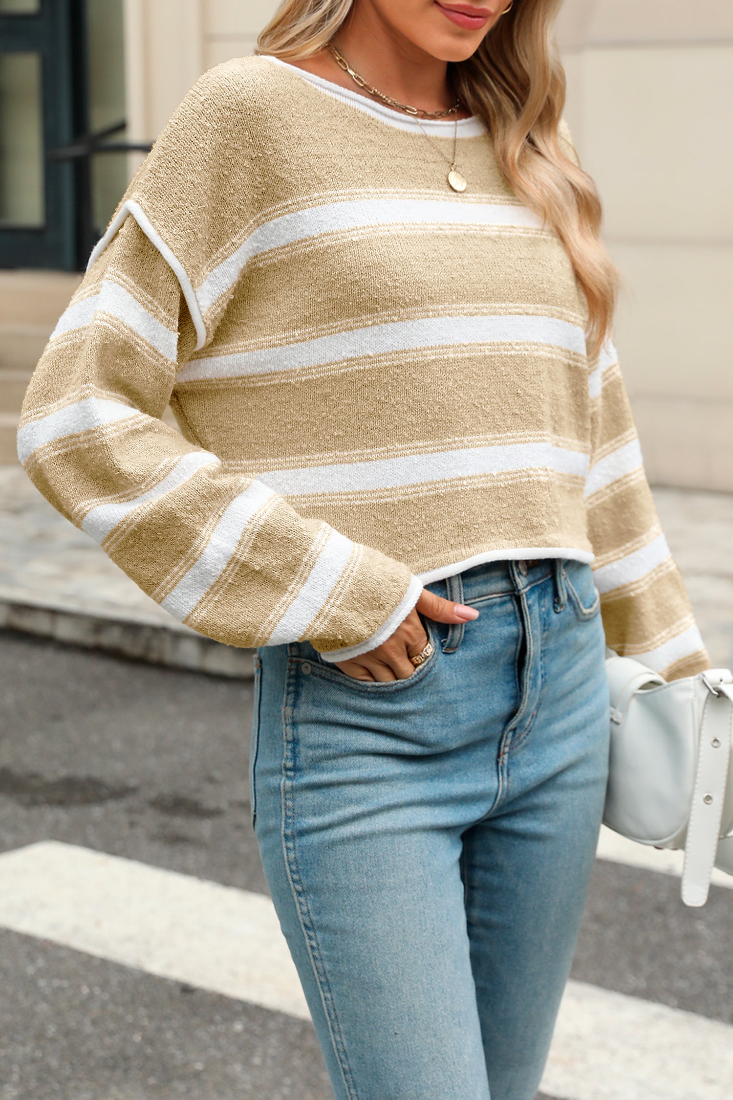 Cakulo Women's Oversized Striped Cropped Sweater