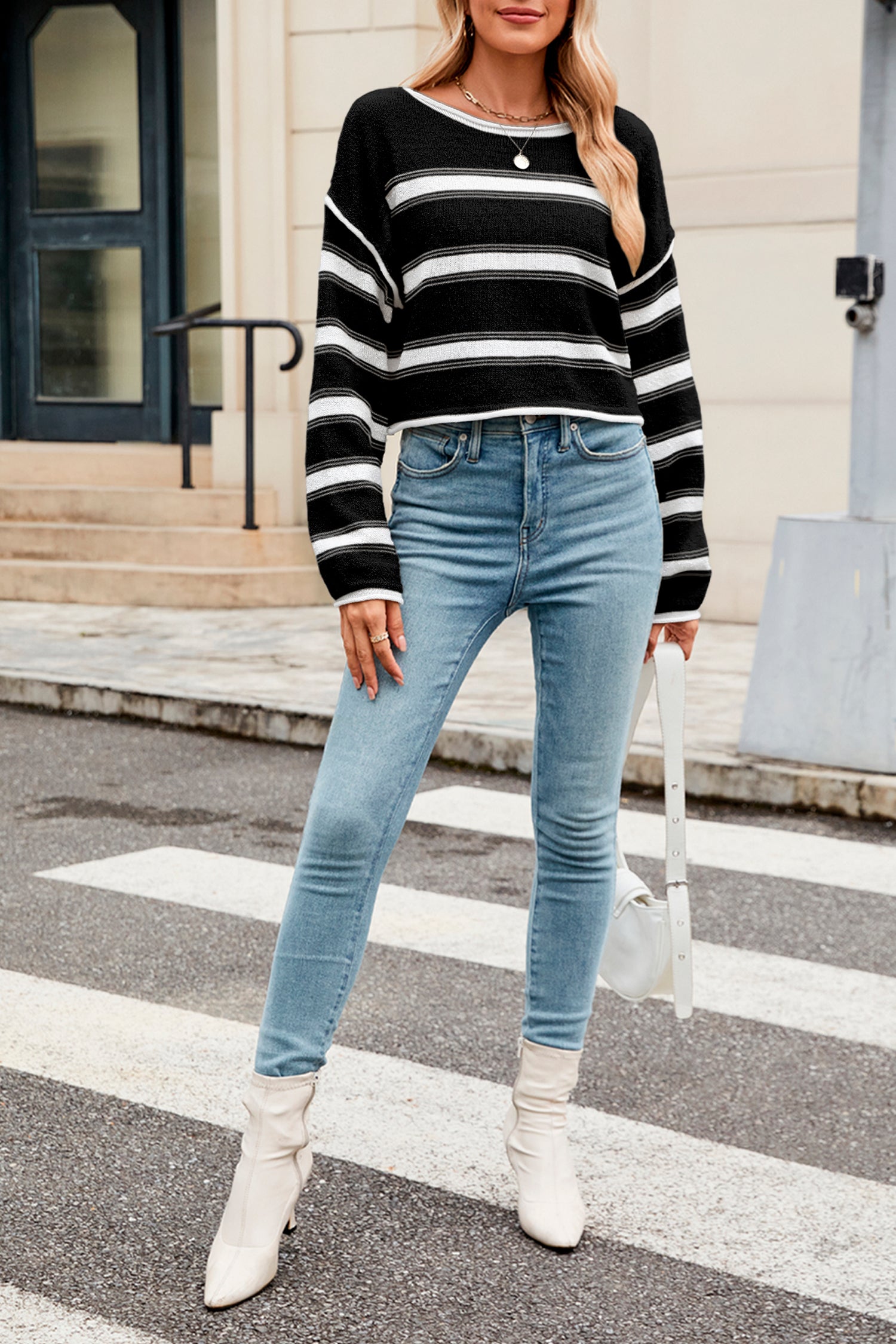 Cakulo Women's Oversized Striped Cropped Sweater