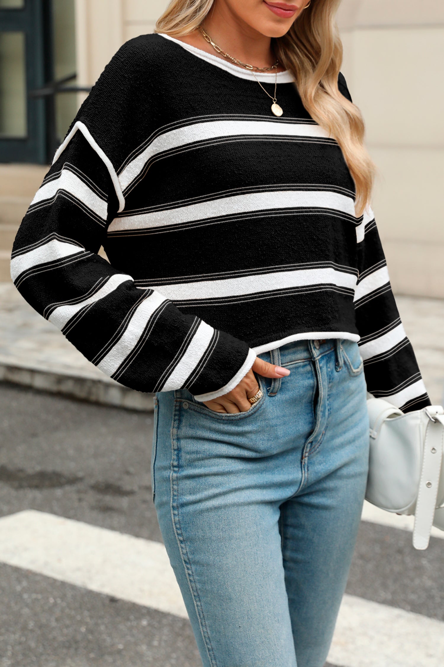 Cakulo Women's Oversized Striped Cropped Sweater