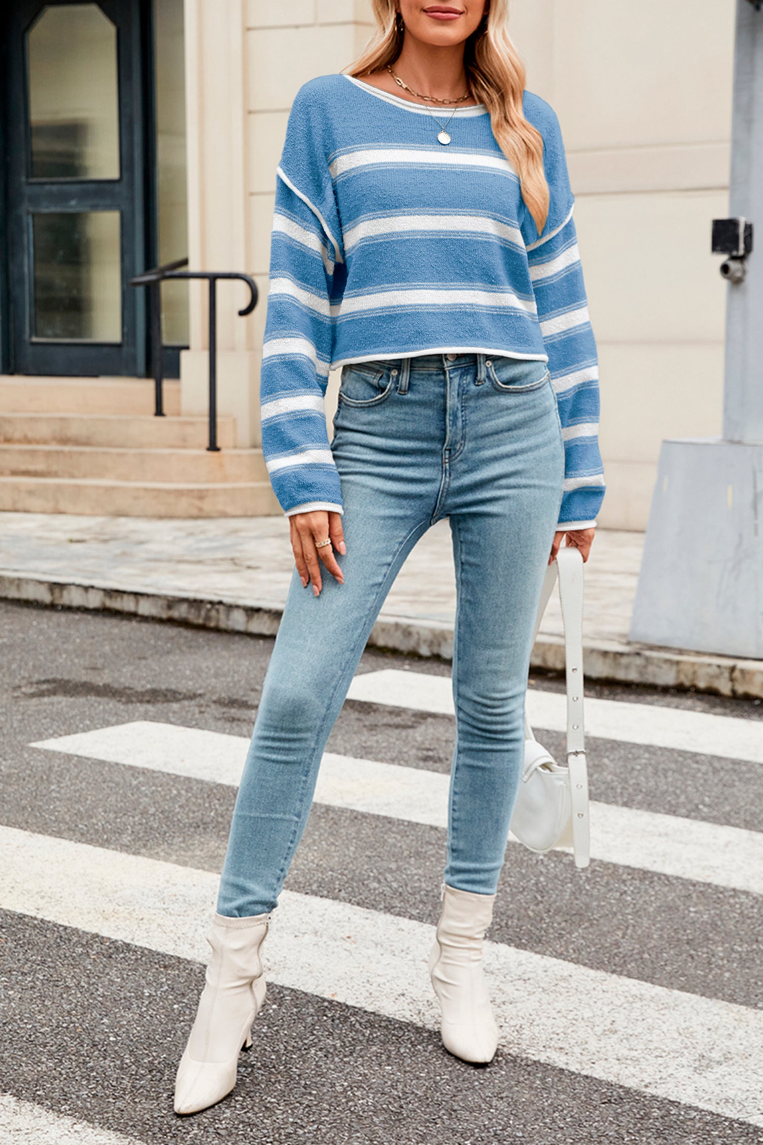 Cakulo Women's Oversized Striped Cropped Sweater