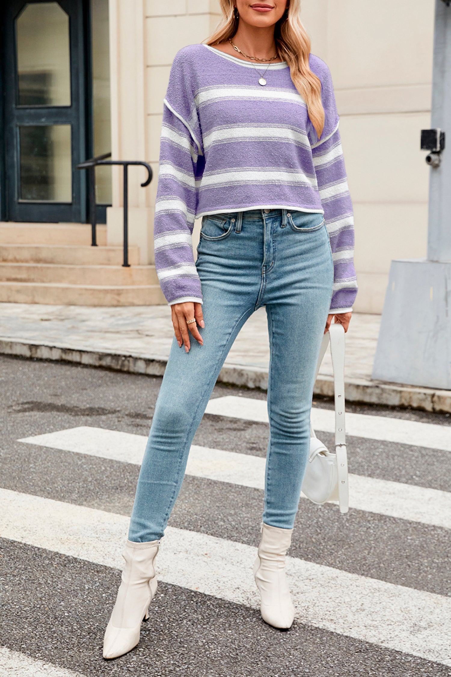 Cakulo Women's Oversized Striped Cropped Sweater
