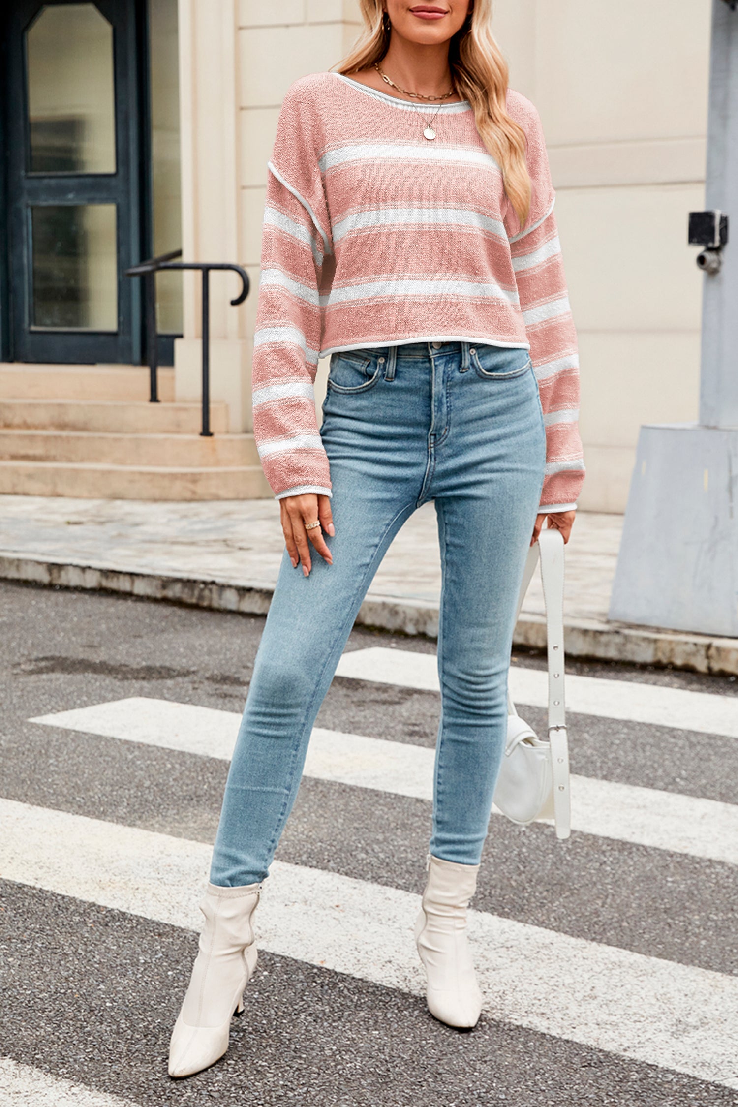Cakulo Women's Oversized Striped Cropped Sweater