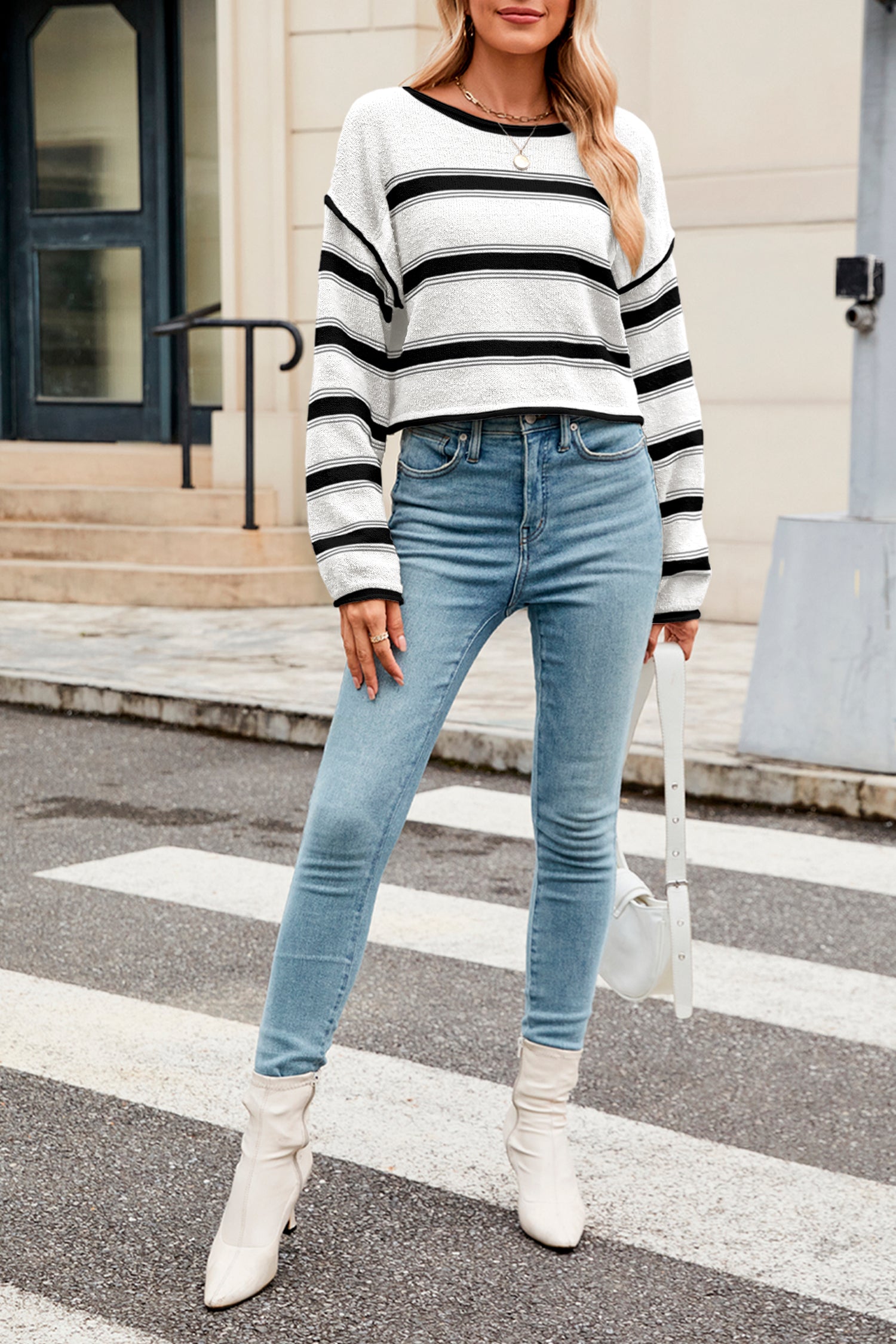 Cakulo Women's Oversized Striped Cropped Sweater