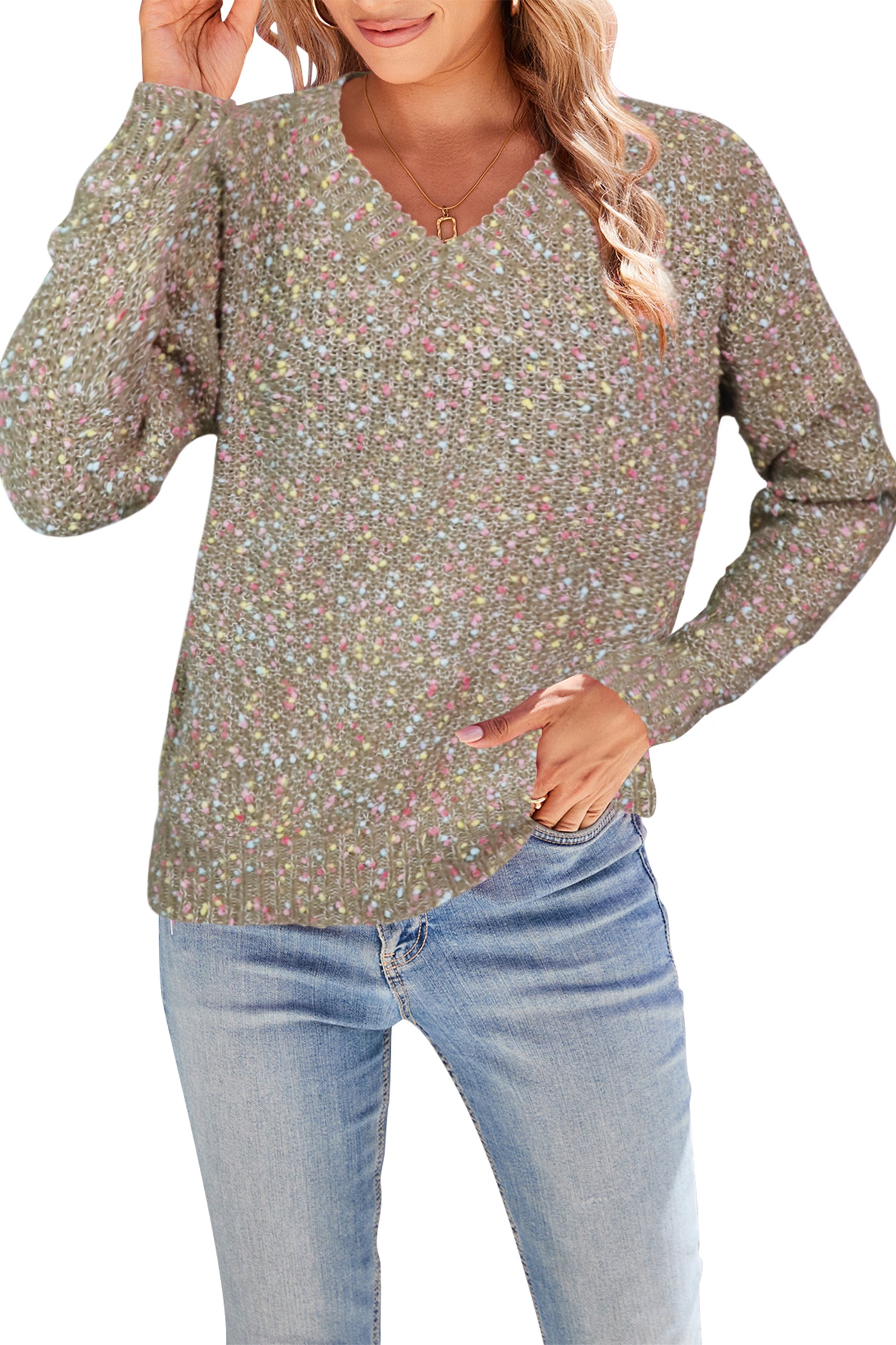 Cakulo Women's V-Neck Chunky Knit Pullover Sweater