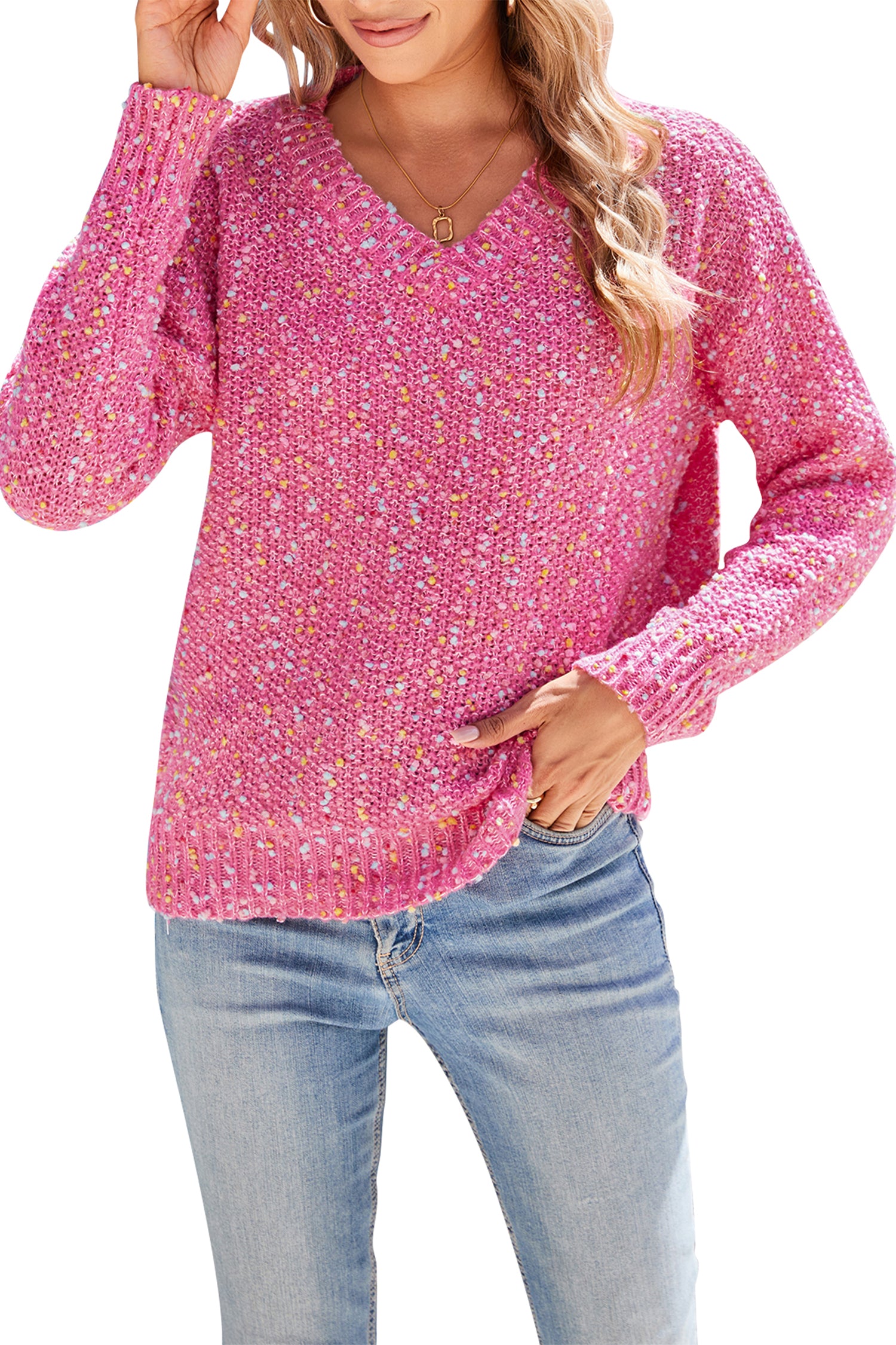 Cakulo Women's V-Neck Chunky Knit Pullover Sweater