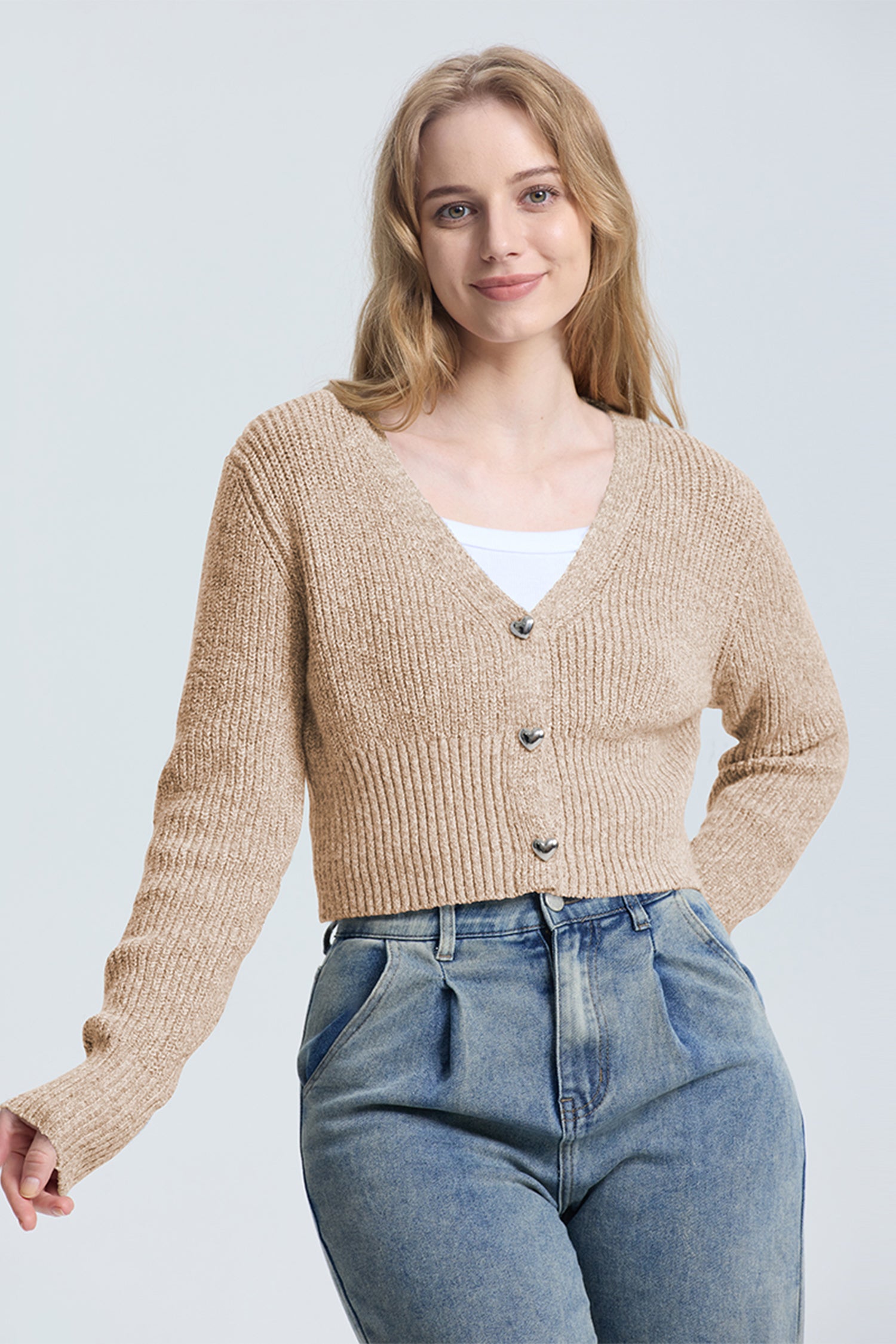 Cakulo Women's V-Neck Long Sleeve Cropped Cardigan
