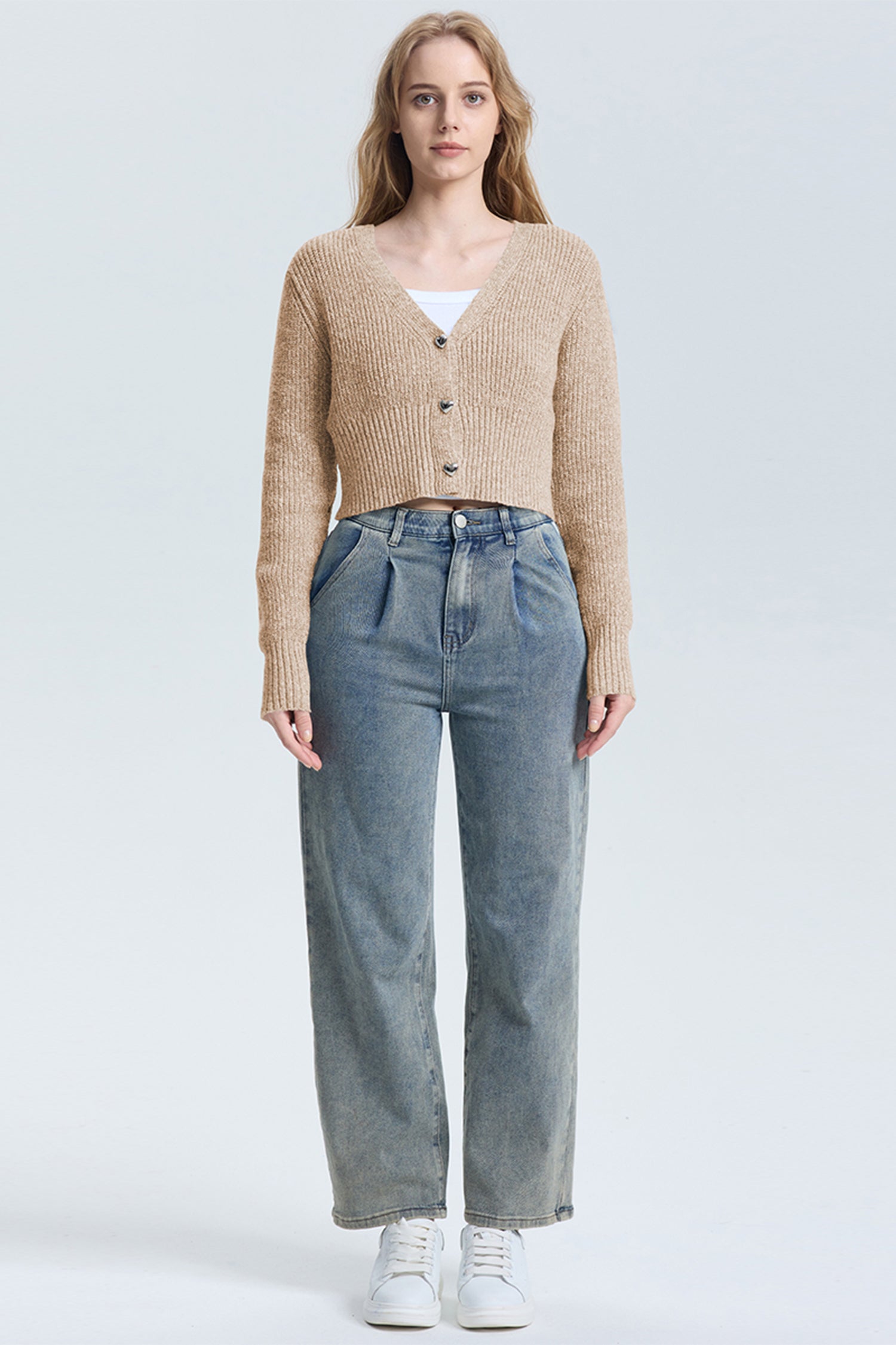 Cakulo Women's V-Neck Long Sleeve Cropped Cardigan
