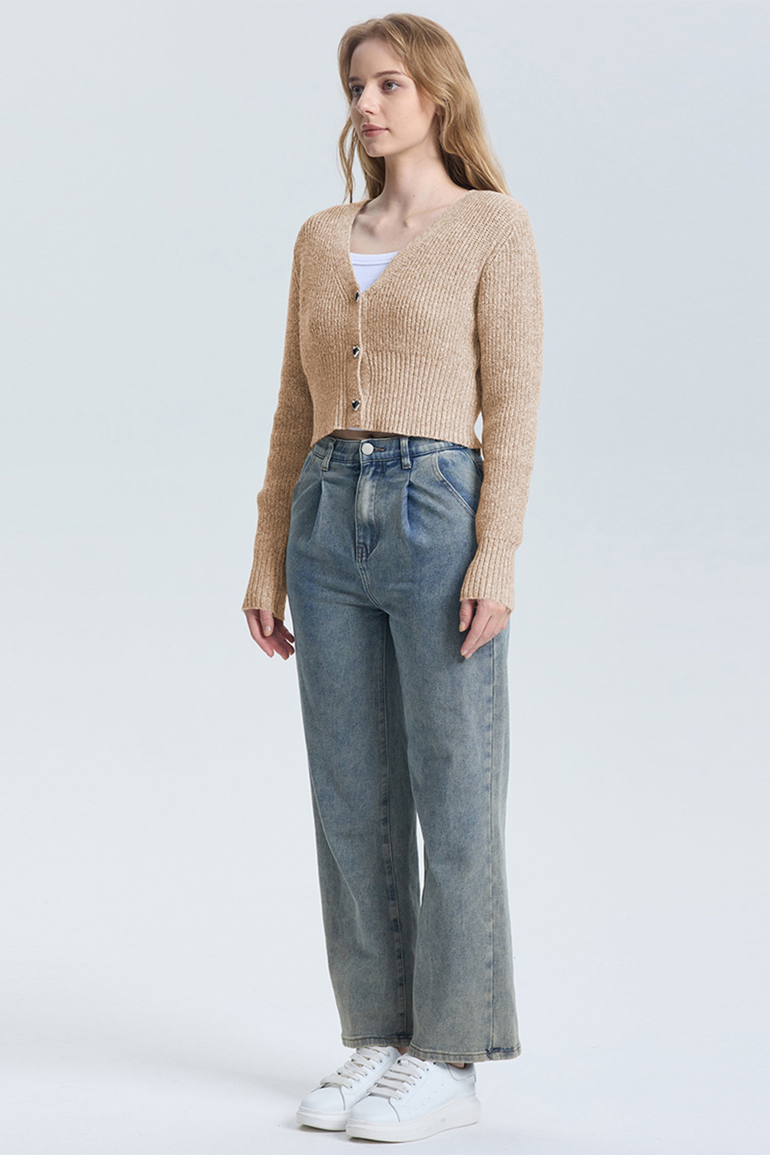 Cakulo Women's V-Neck Long Sleeve Cropped Cardigan