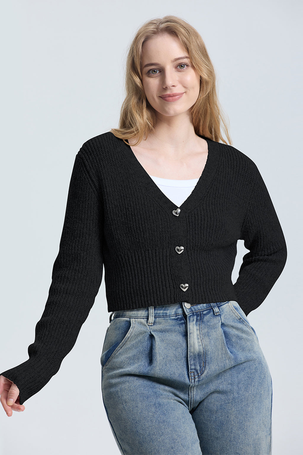 Cakulo Women's V-Neck Long Sleeve Cropped Cardigan