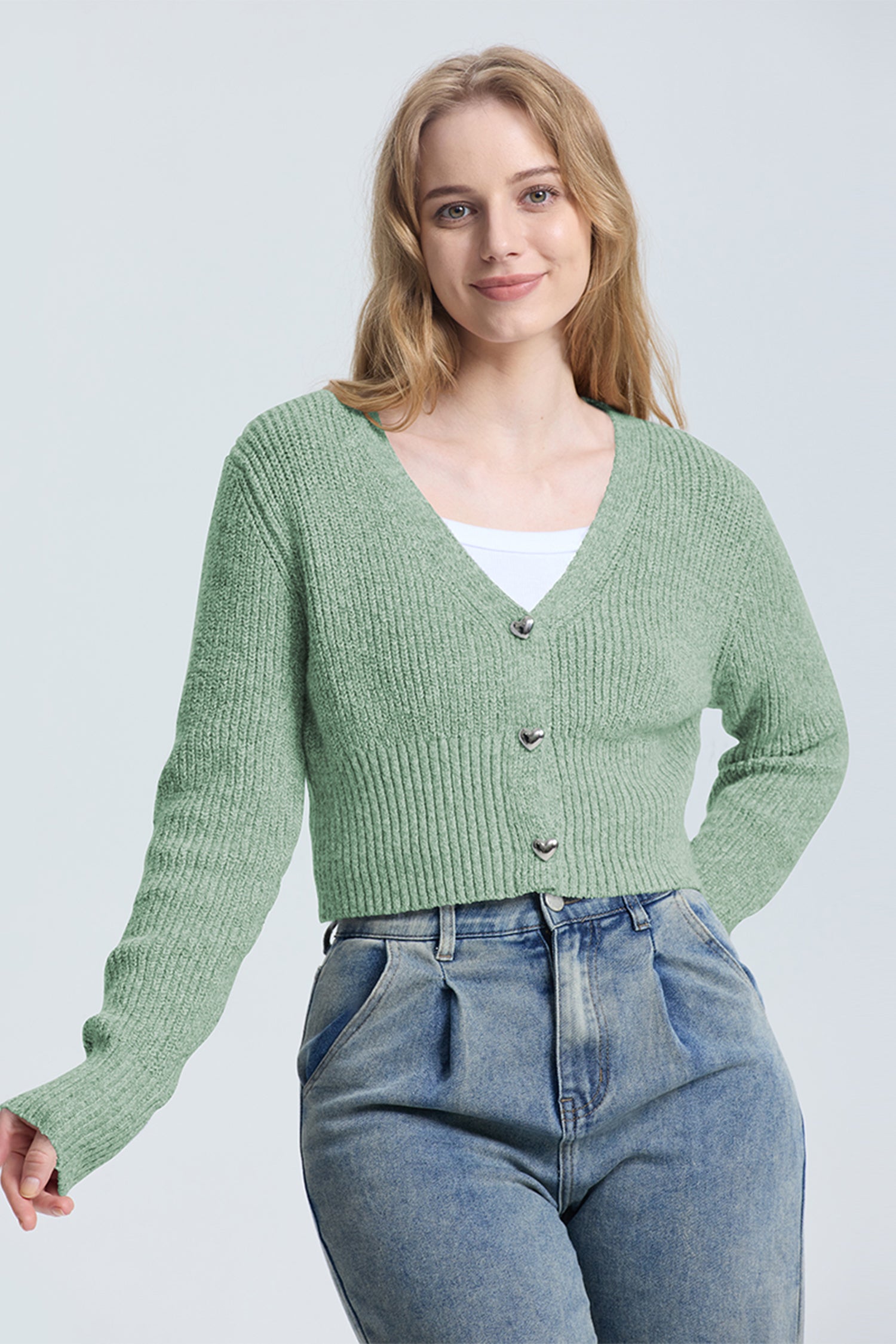 Cakulo Women's V-Neck Long Sleeve Cropped Cardigan