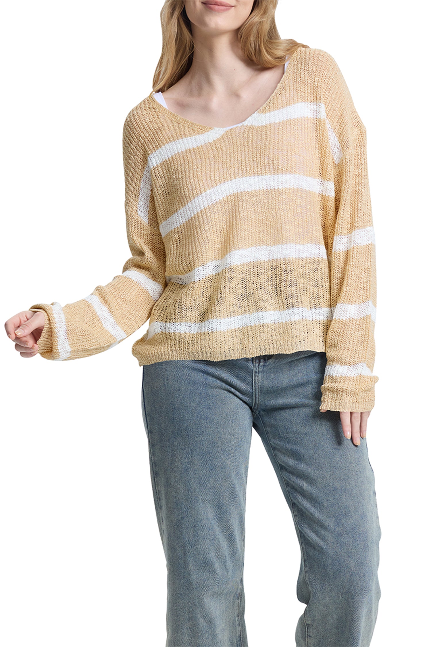 Cakulo Women's Off-Shoulder Striped Knit Sweater