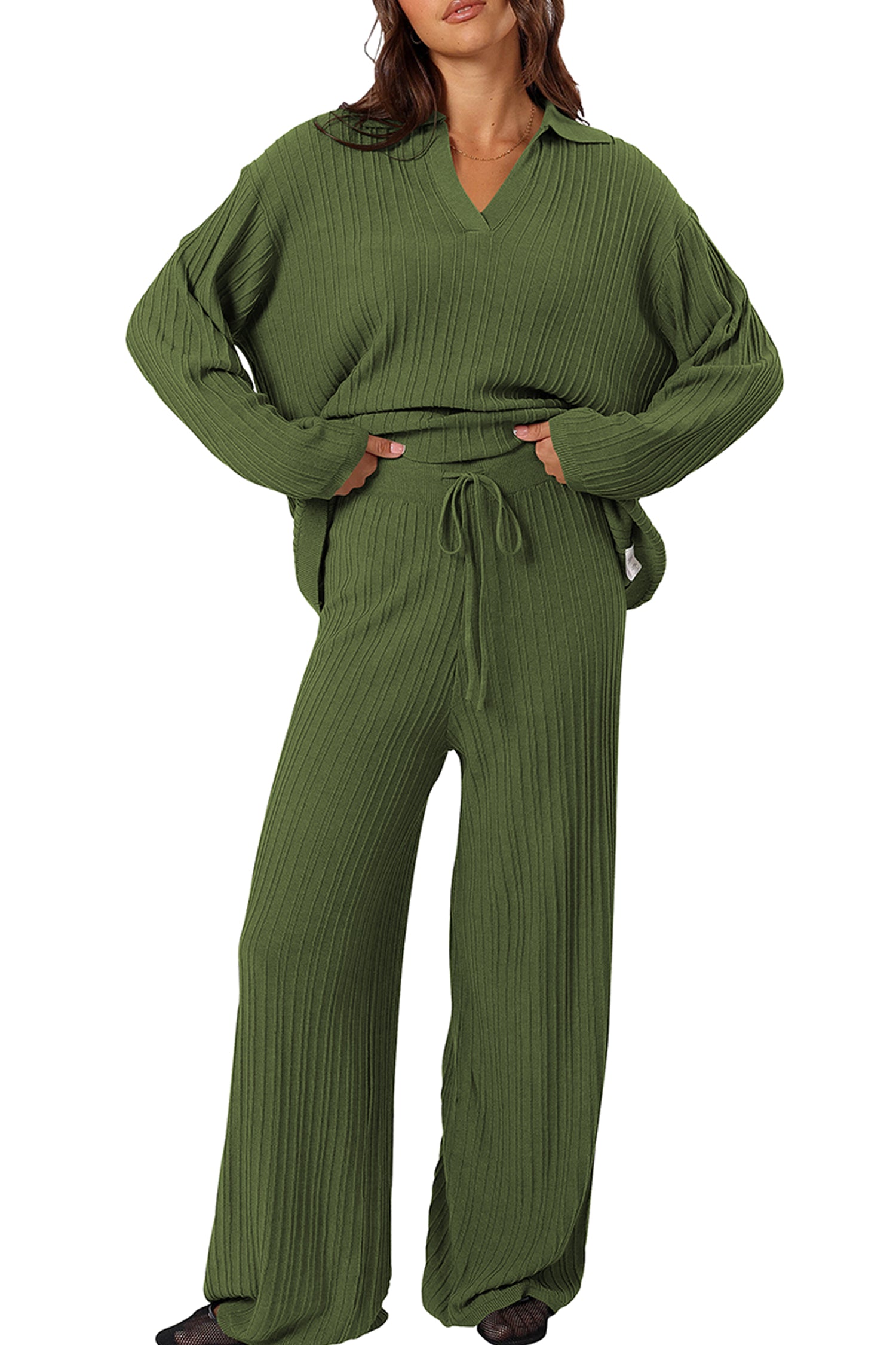 Cakulo Womens  Outfits Knit Sweater Matching Set Ribbed Wide Leg Loungewear Sweatsuits
