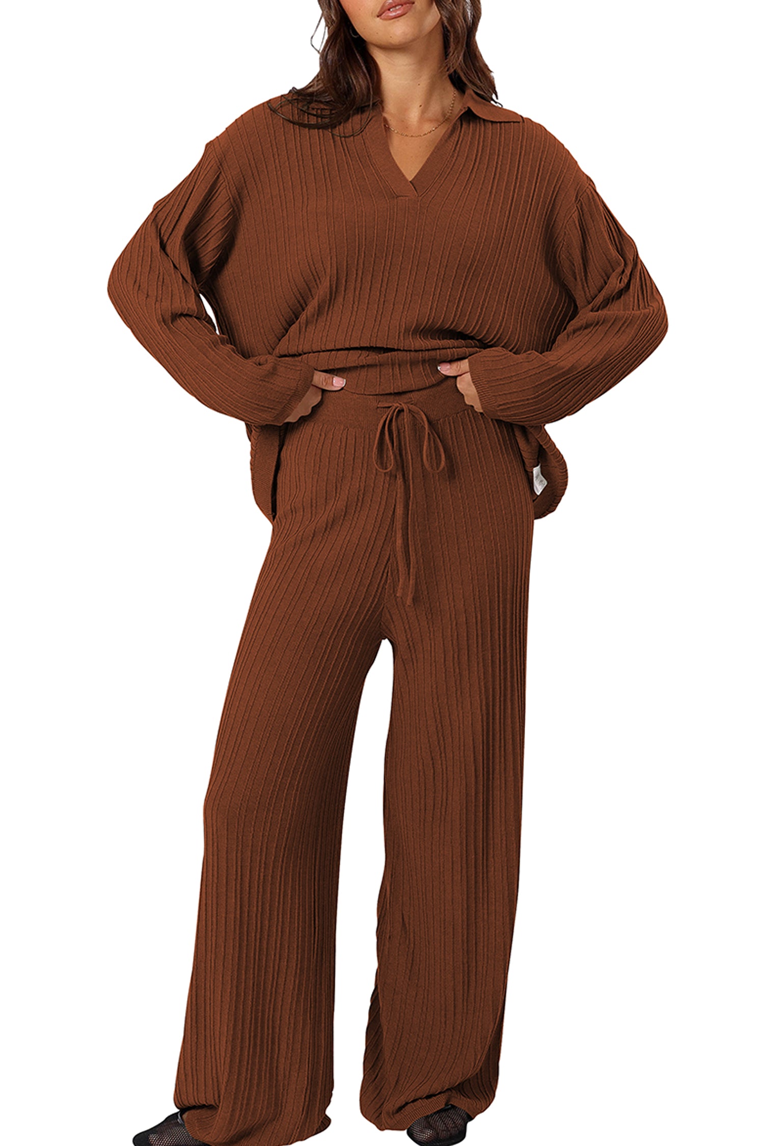 Cakulo Womens  Outfits Knit Sweater Matching Set Ribbed Wide Leg Loungewear Sweatsuits