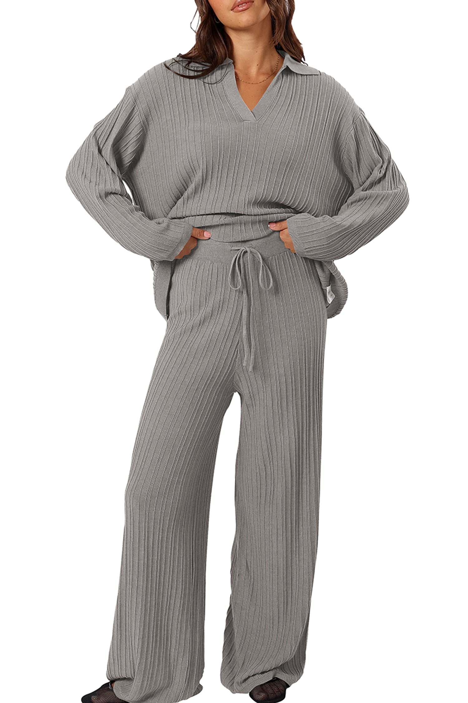 Cakulo Womens  Outfits Knit Sweater Matching Set Ribbed Wide Leg Loungewear Sweatsuits