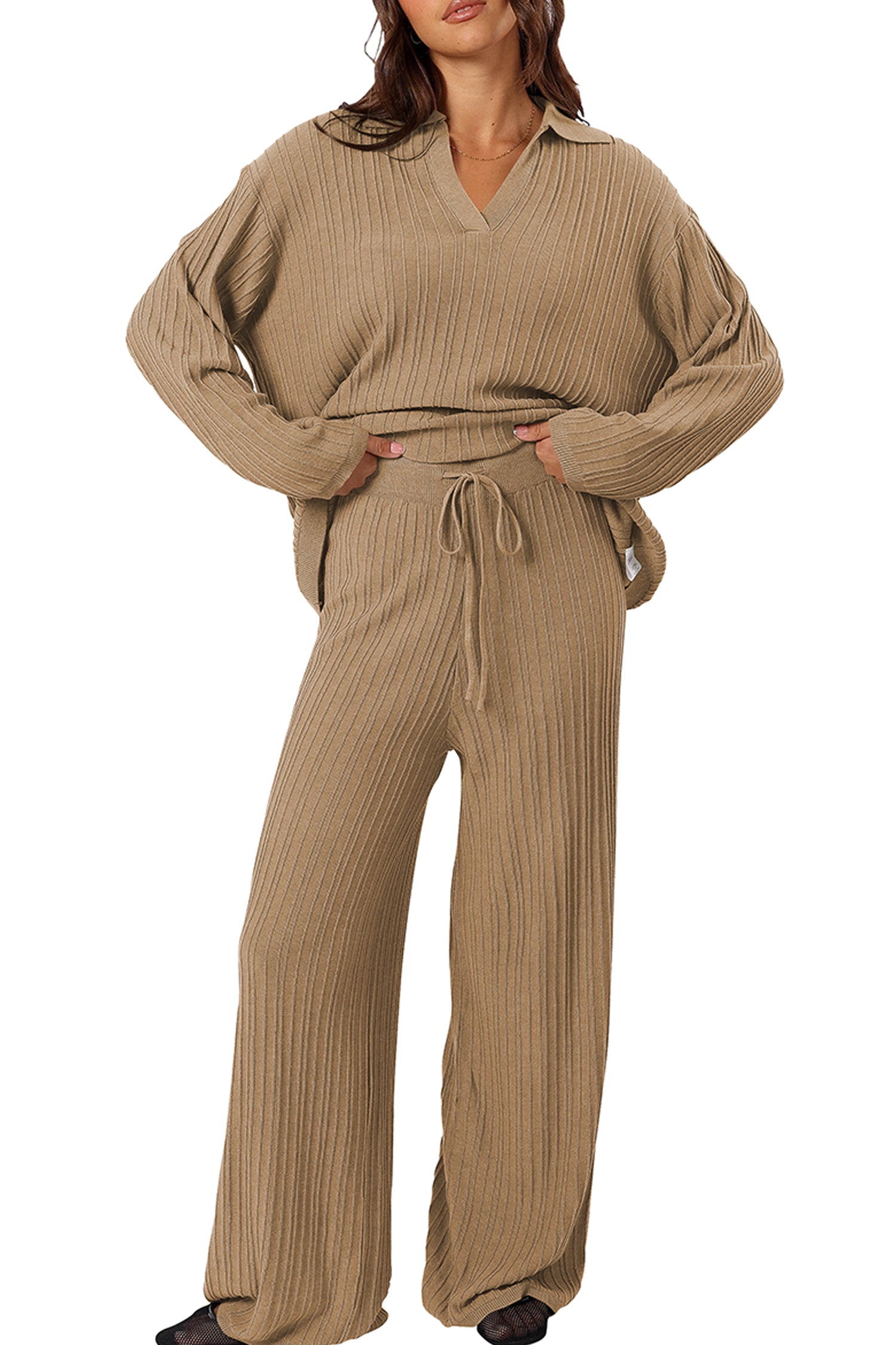 Cakulo Womens  Outfits Knit Sweater Matching Set Ribbed Wide Leg Loungewear Sweatsuits