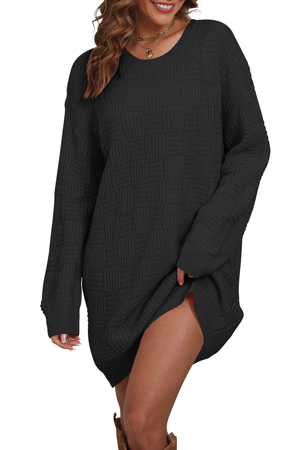 Cakulo Women's Oversized Checkered Sweater Dress