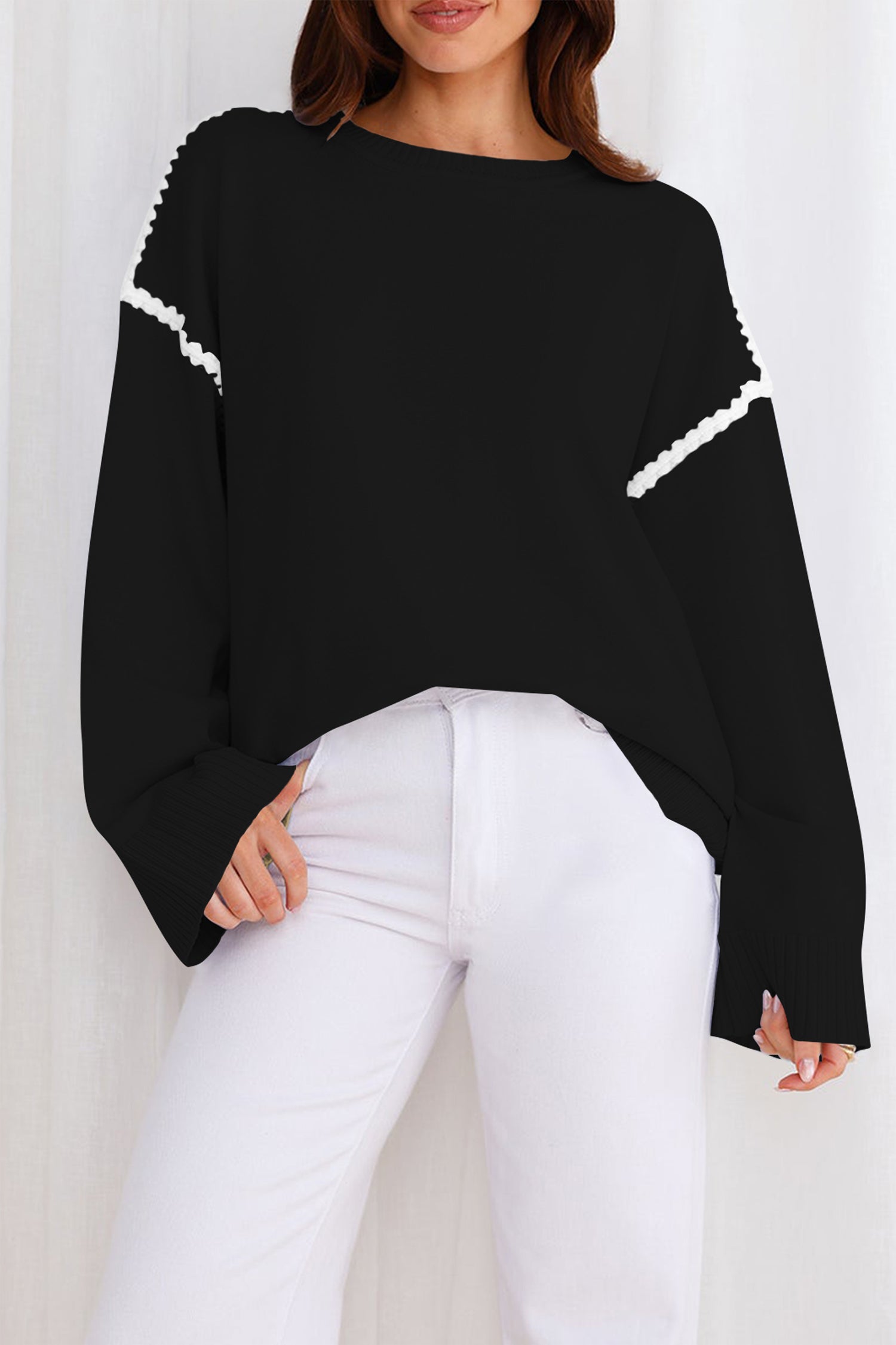 Cakulo Women's Oversized Sweaters Loose Fit Fall Crewneck Color Block Knit Pullover Sweater Tops