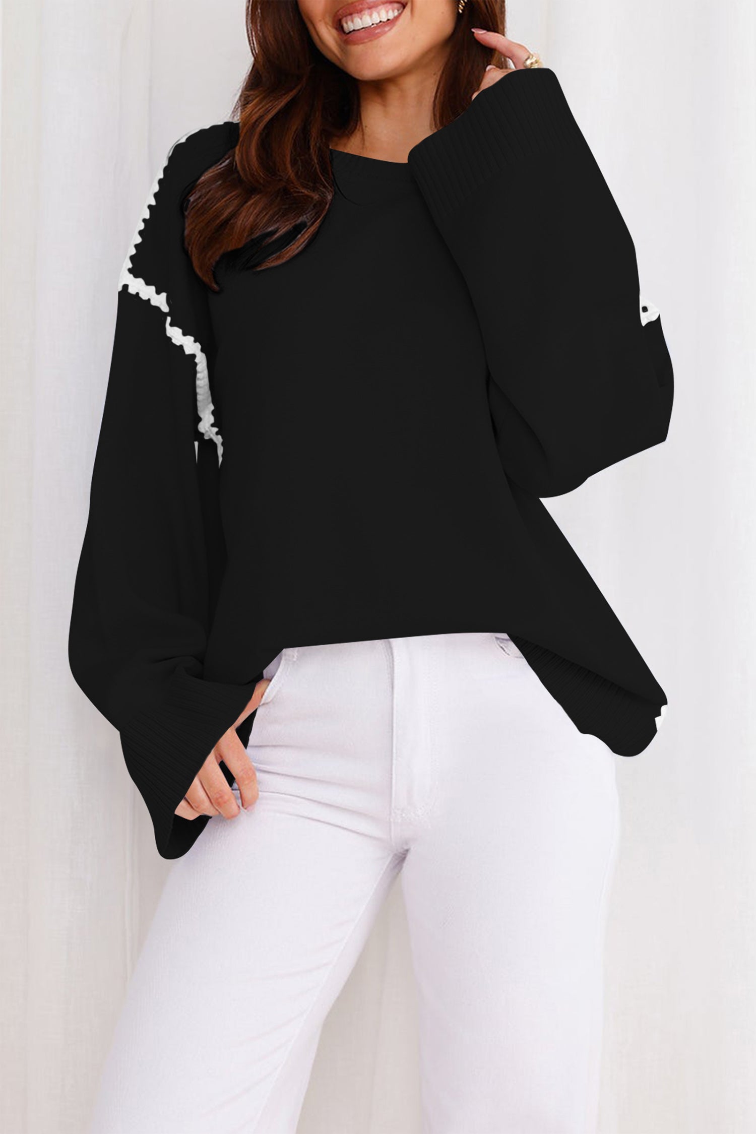 Cakulo Women's Oversized Sweaters Loose Fit Fall Crewneck Color Block Knit Pullover Sweater Tops